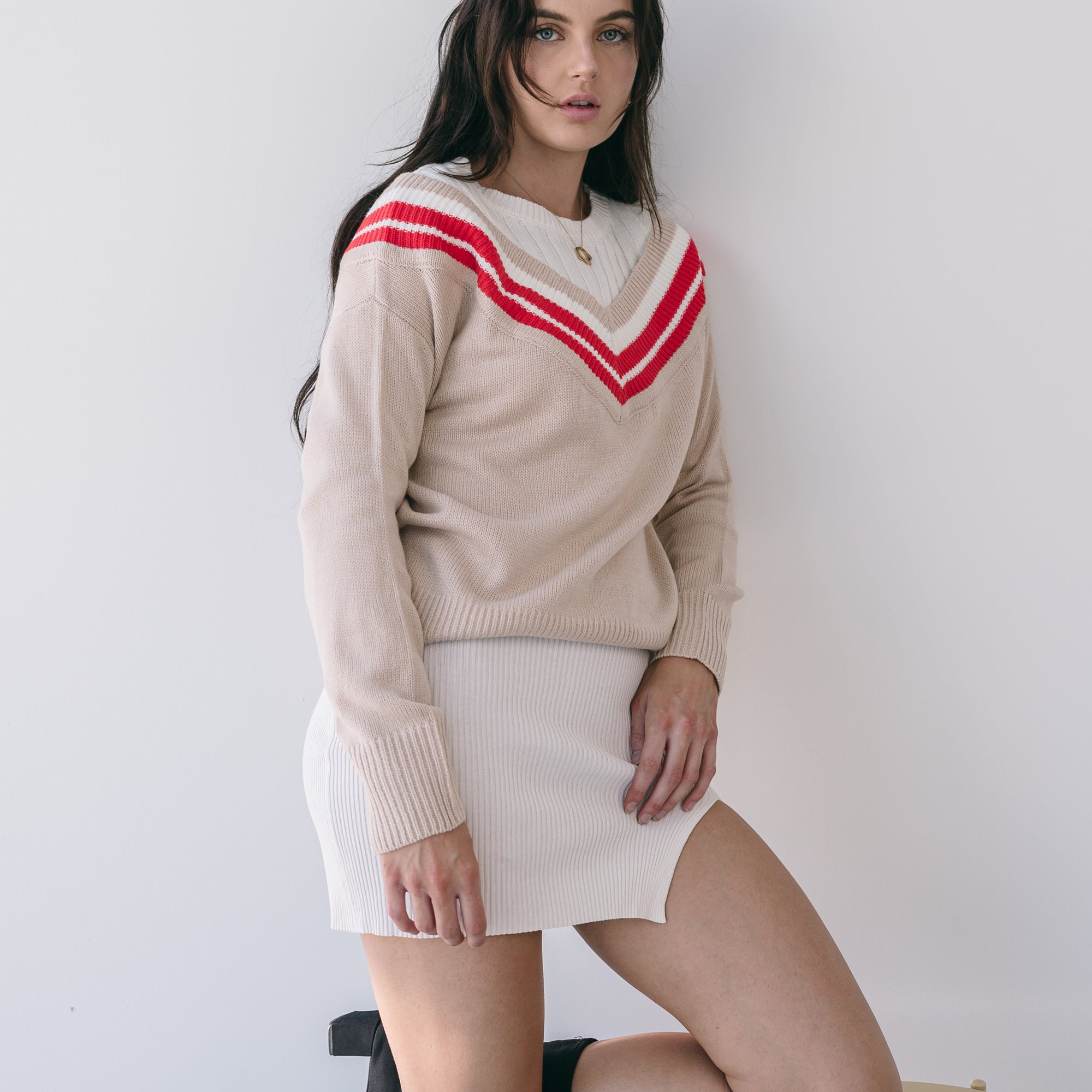 Cream Sweater With Red Varsity Stripe Detail