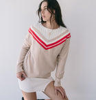 Cream Sweater With Red Varsity Stripe Detail