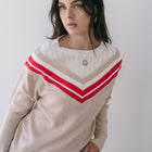 Cream Sweater With Red Varsity Stripe Detail