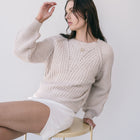 Almost Gone - Heavy Marled Knit Sweater With Bishop Sleeve in Cream