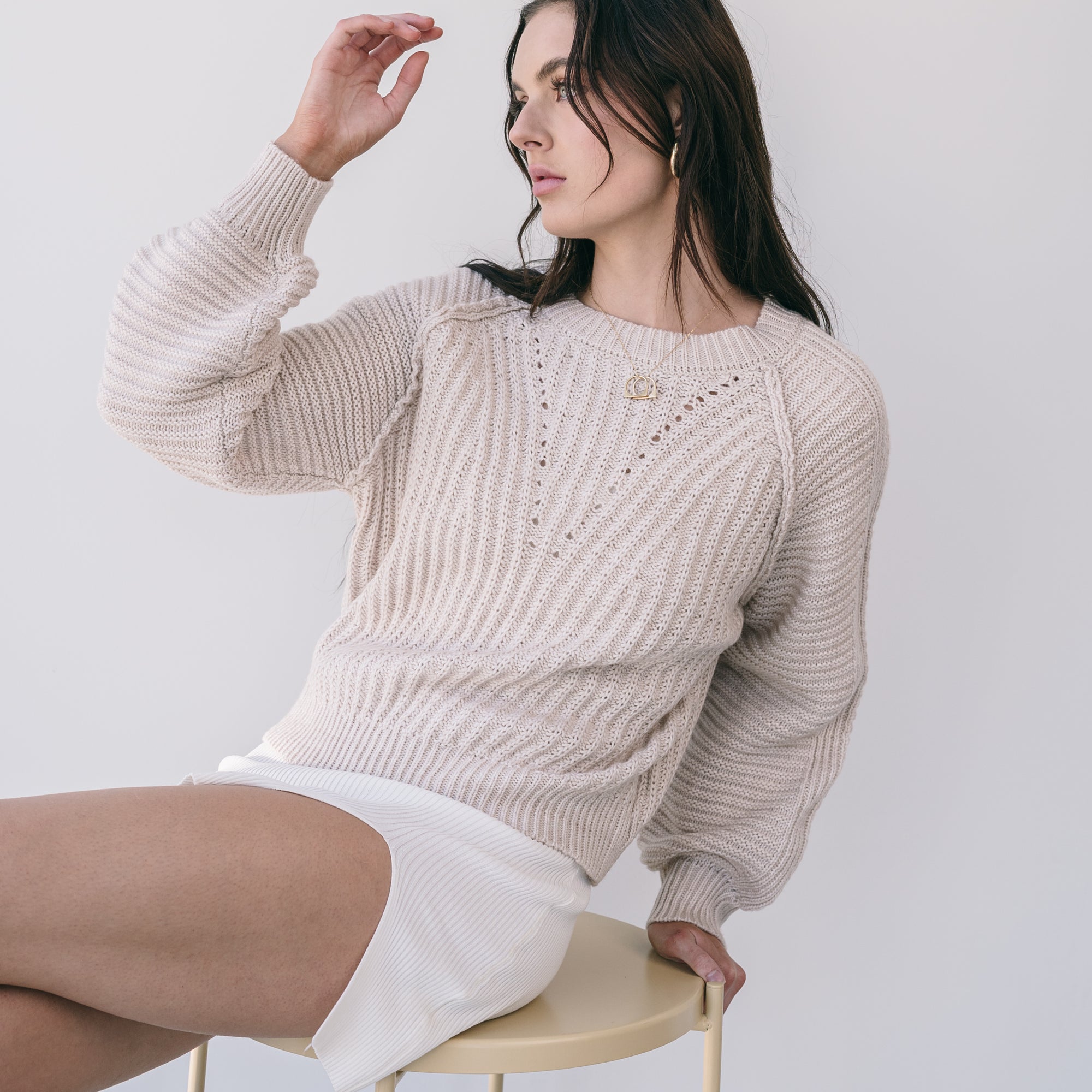 Almost Gone - Heavy Marled Knit Sweater With Bishop Sleeve in Cream