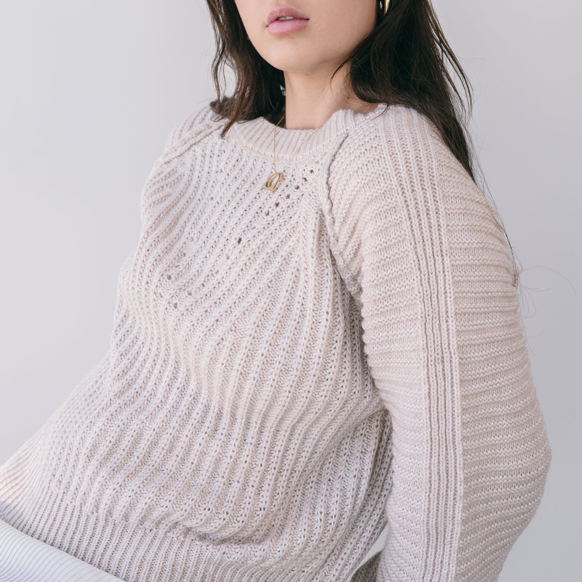 Almost Gone - Heavy Marled Knit Sweater With Bishop Sleeve in Cream