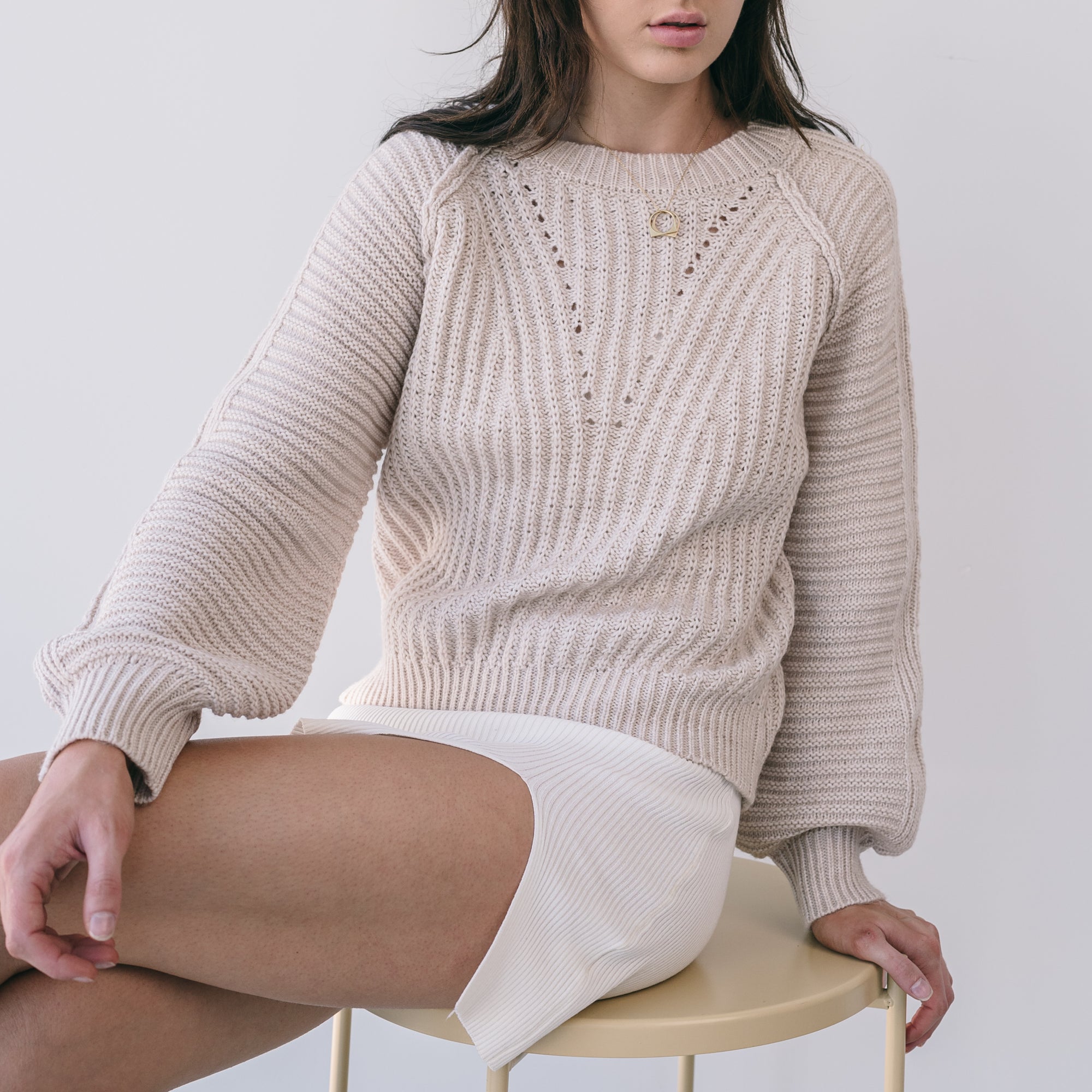 Almost Gone - Heavy Marled Knit Sweater With Bishop Sleeve in Cream