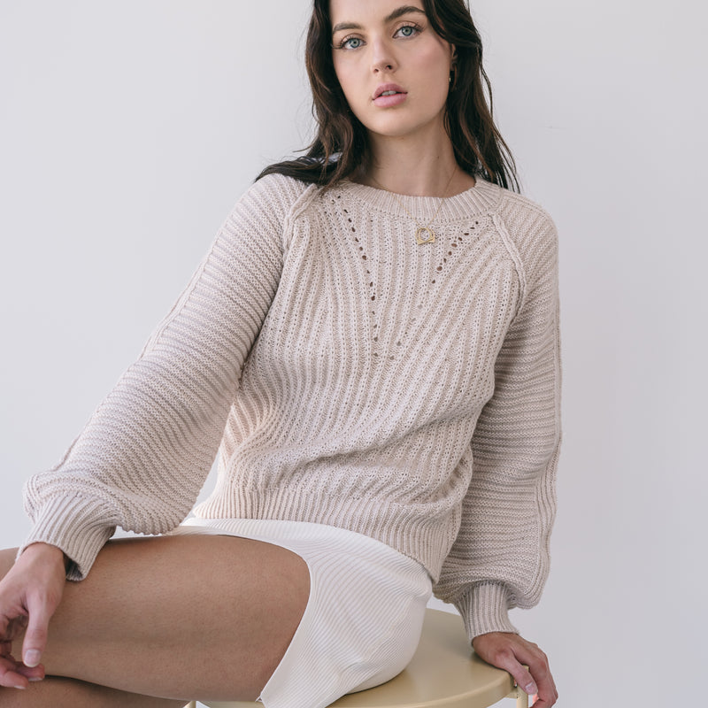 Almost Gone - Heavy Marled Knit Sweater With Bishop Sleeve in Cream