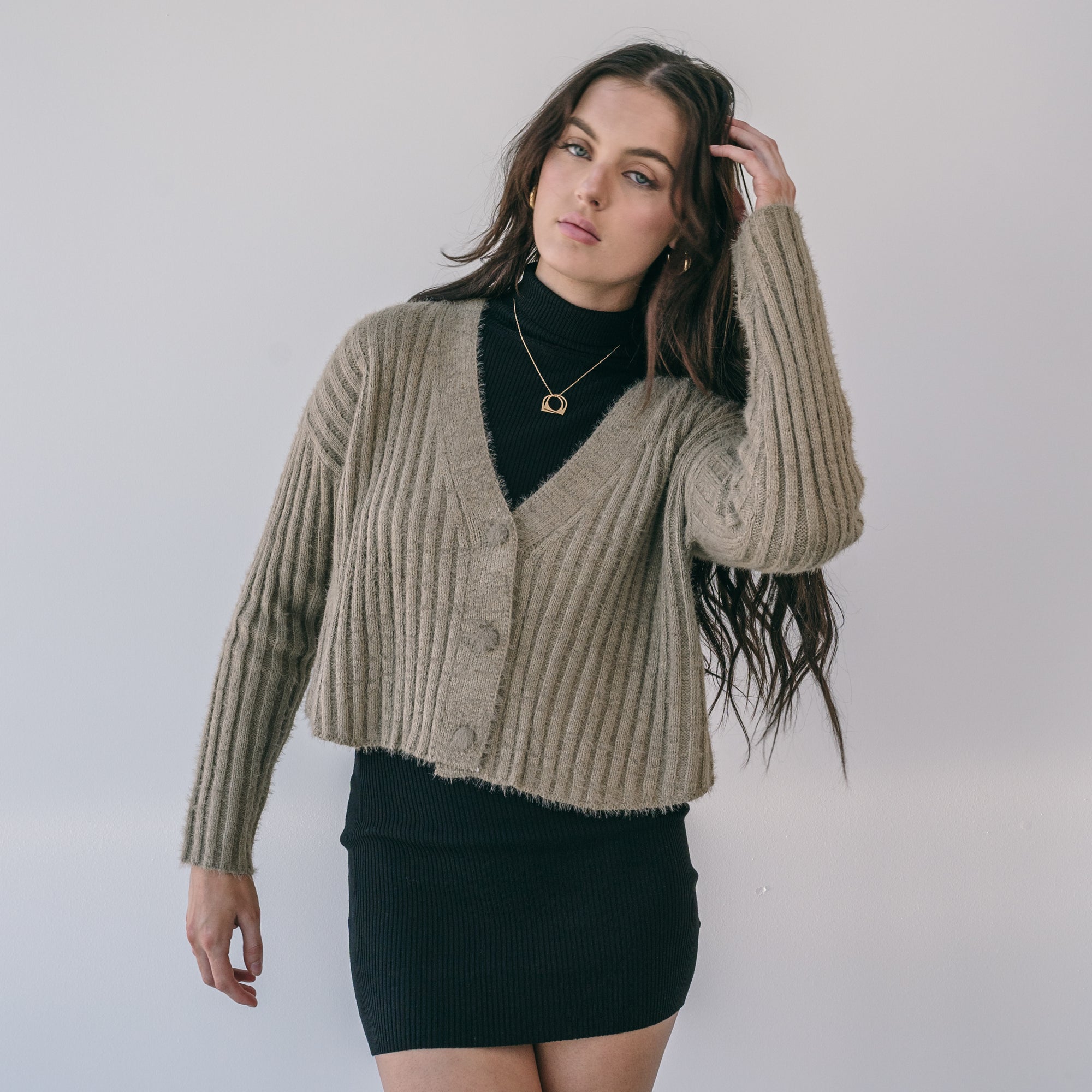 Fuzzy Button-Up Sweater In Bronze