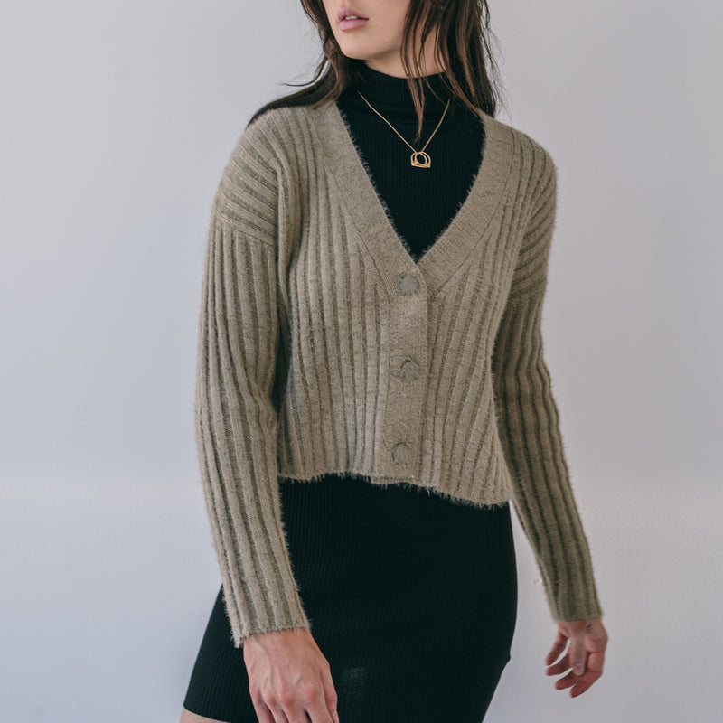 Fuzzy Button-Up Sweater In Bronze