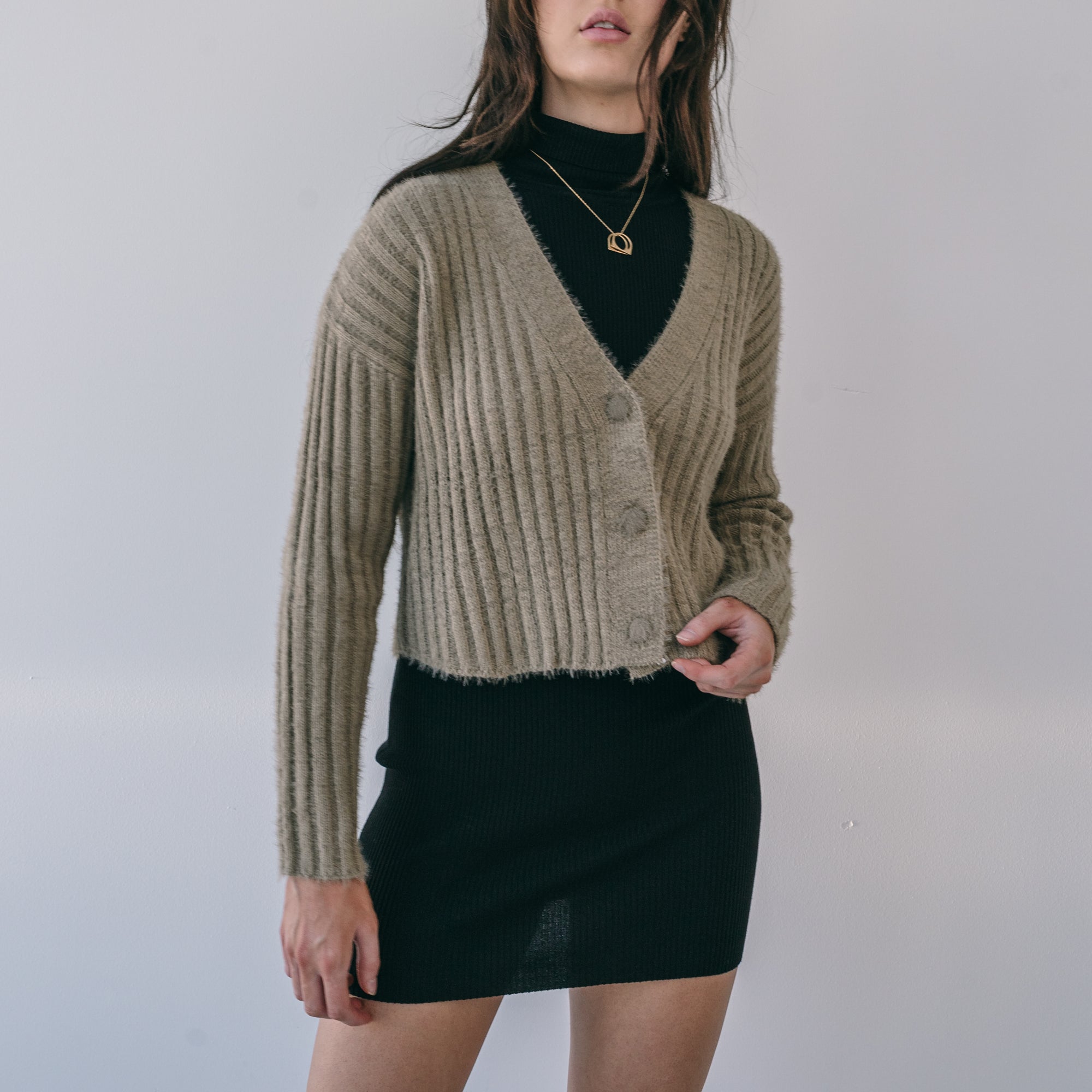 Fuzzy Button-Up Sweater In Bronze