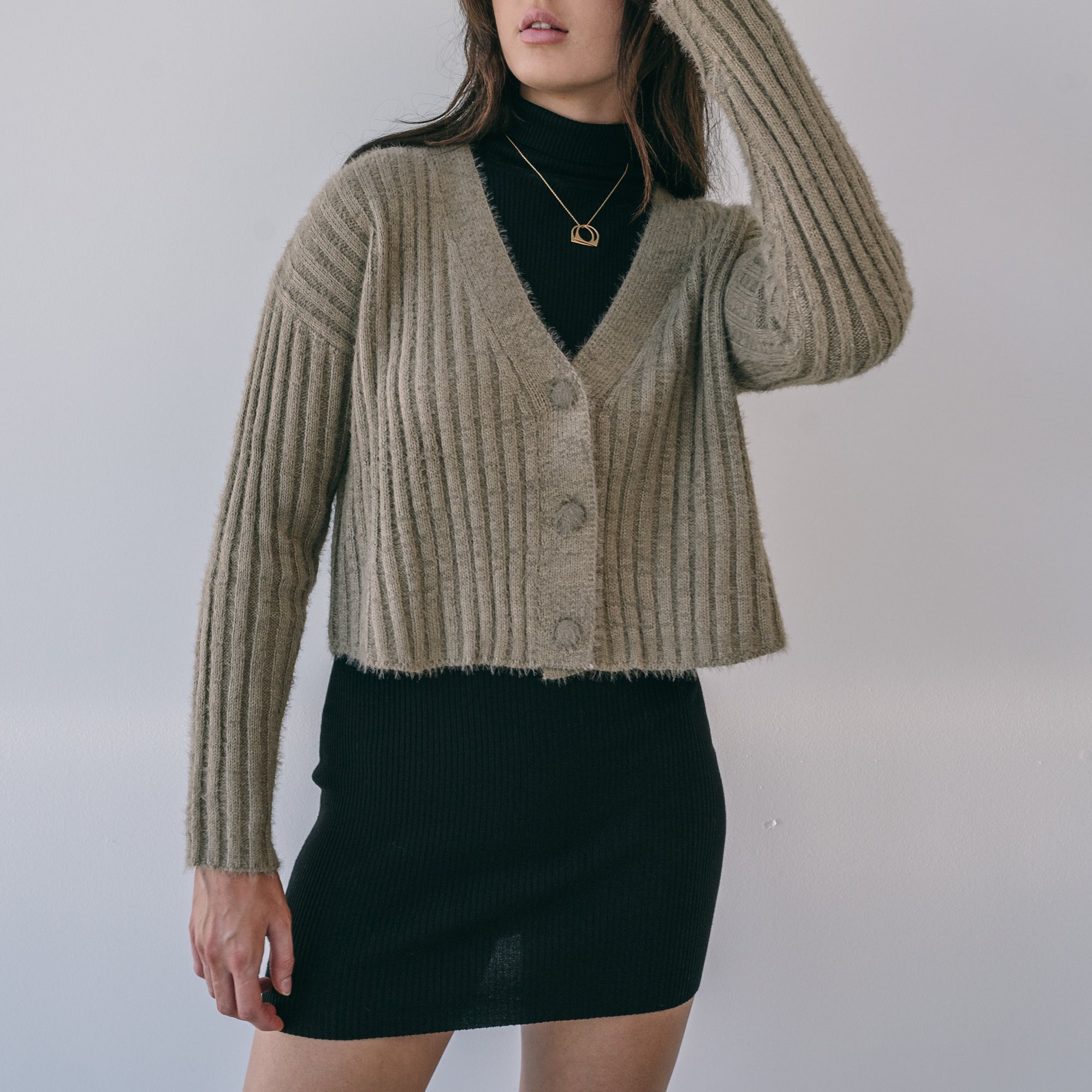 Fuzzy Button-Up Sweater In Bronze