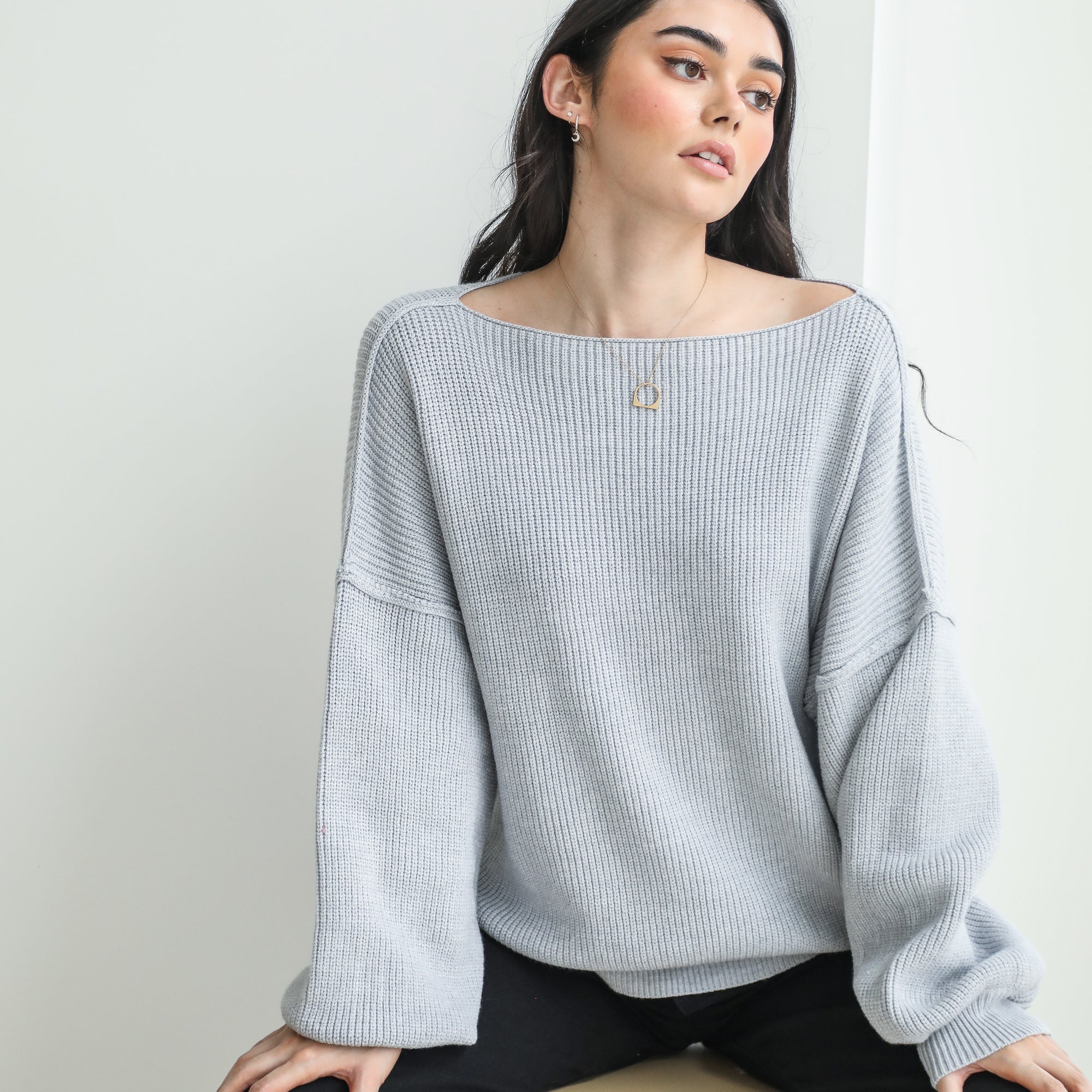 Last One - Heavy Ribbed Knit Sweater In Tunic Length in Grey Blue