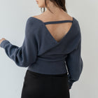 Heavy Crossover Sweater In Purl Knit in Dark Blue