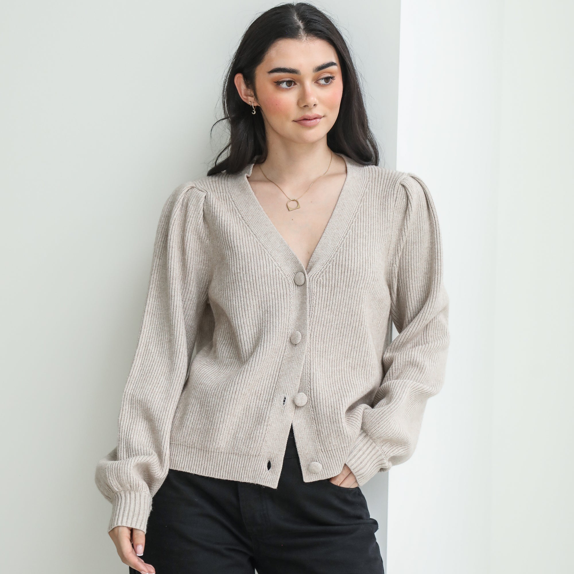 Almost Gone - Pleated Shoulder Button-Up Sweater/Cardigan