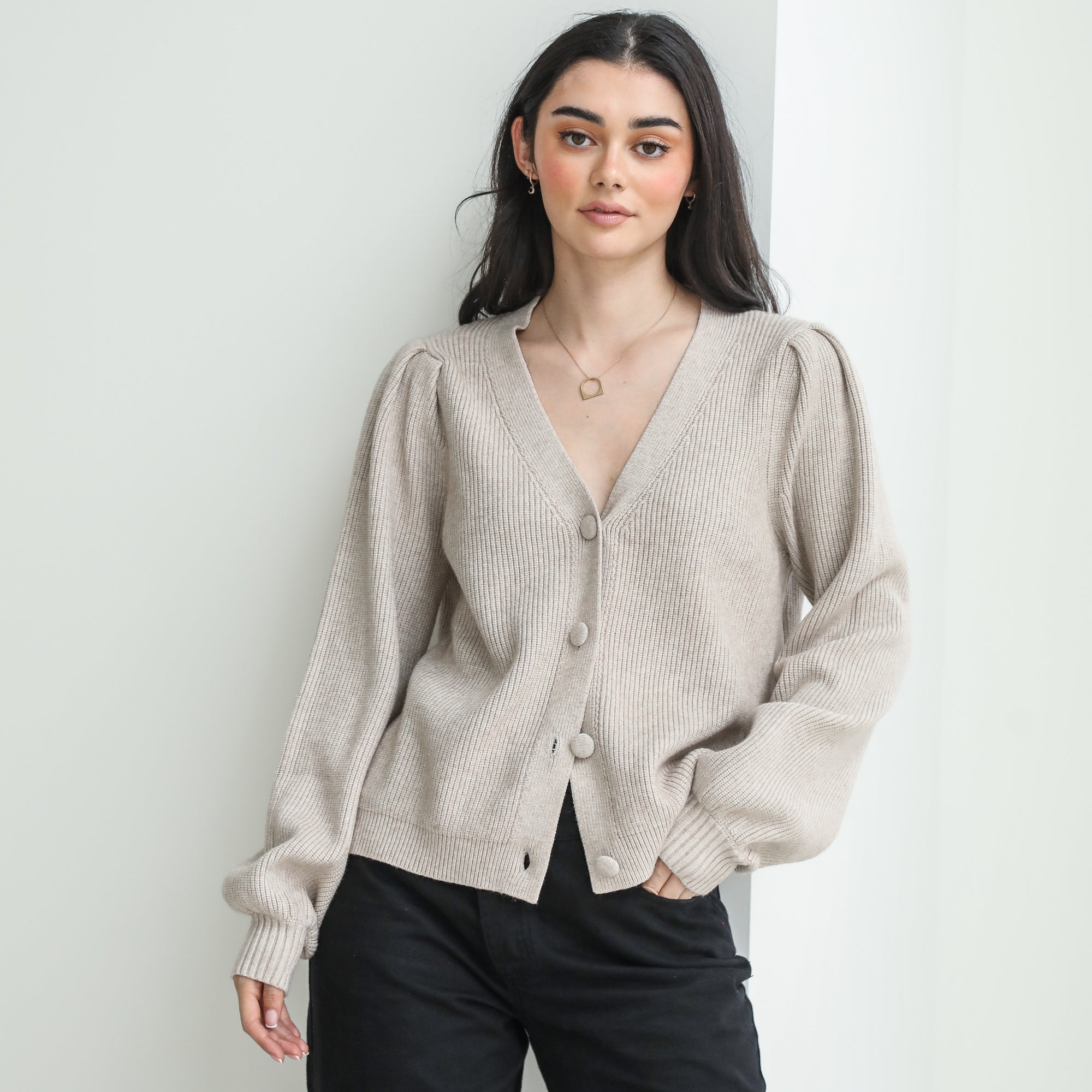 Almost Gone - Pleated Shoulder Button-Up Sweater/Cardigan