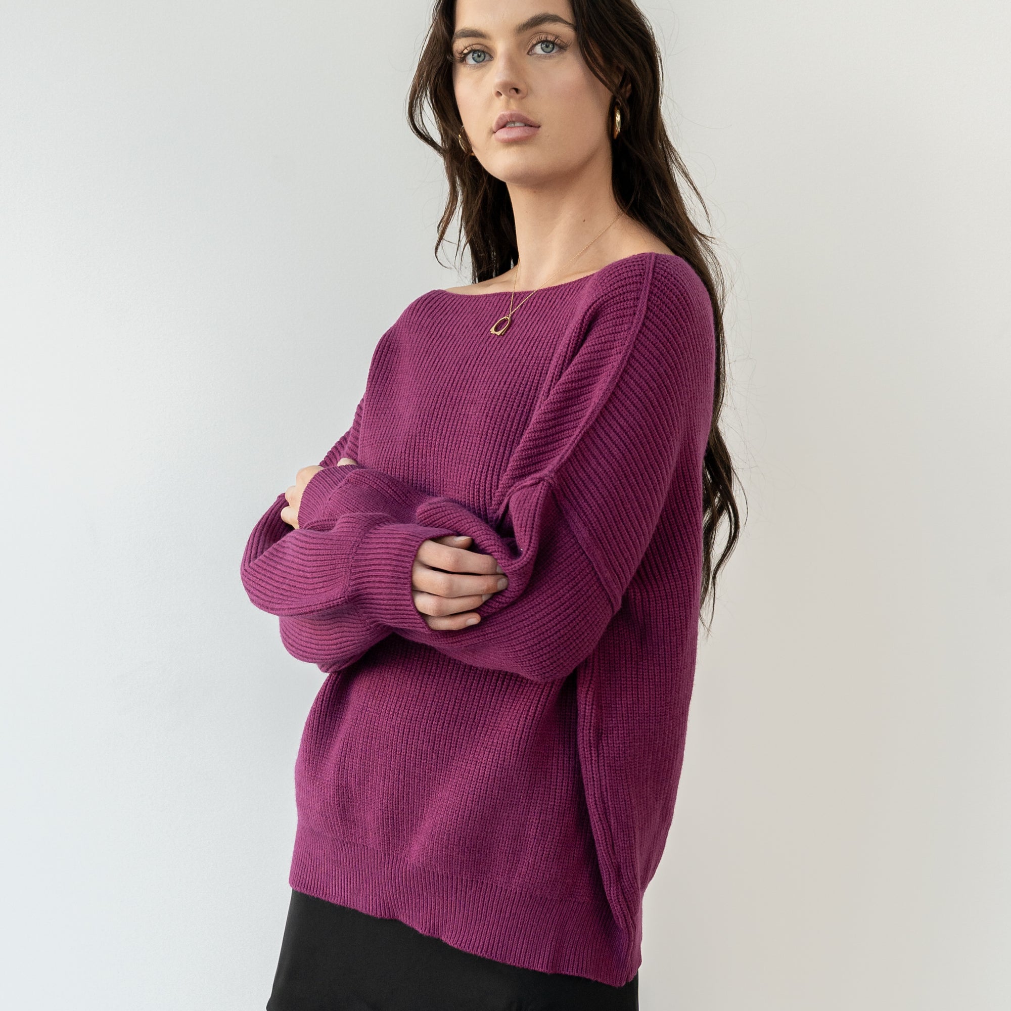 Heavy Ribbed Knit Sweater In Tunic Length in Magenta