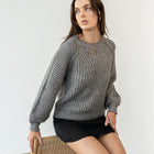 Almost Gone - Heavy Marled Knit Sweater With Bishop Sleeve in Steel Grey