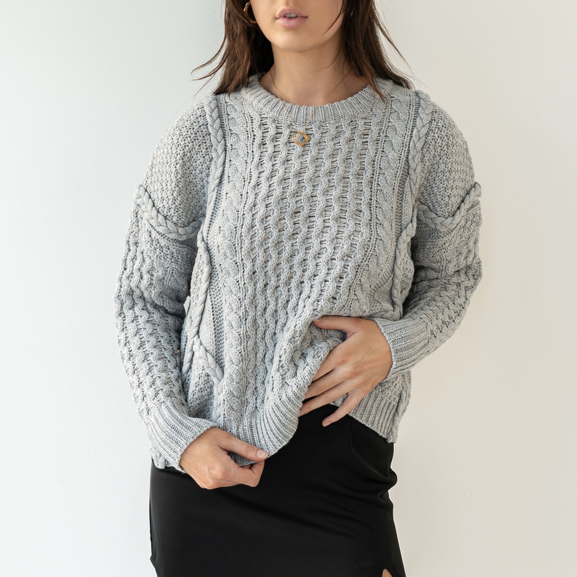 Oversized, Cotton-Blend Cable Knit Sweater