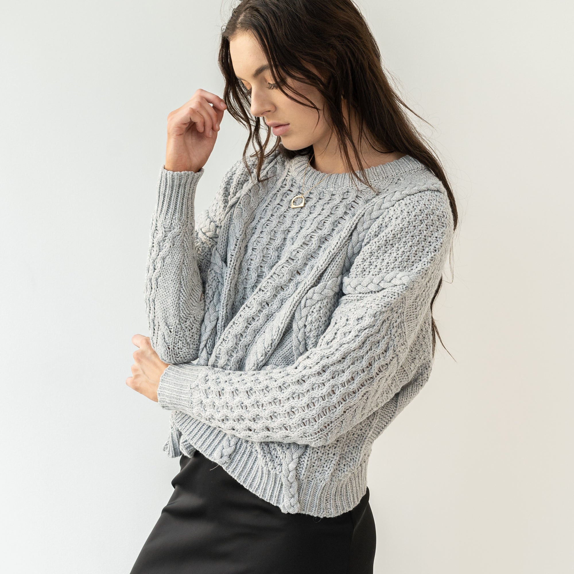 Oversized, Cotton-Blend Cable Knit Sweater