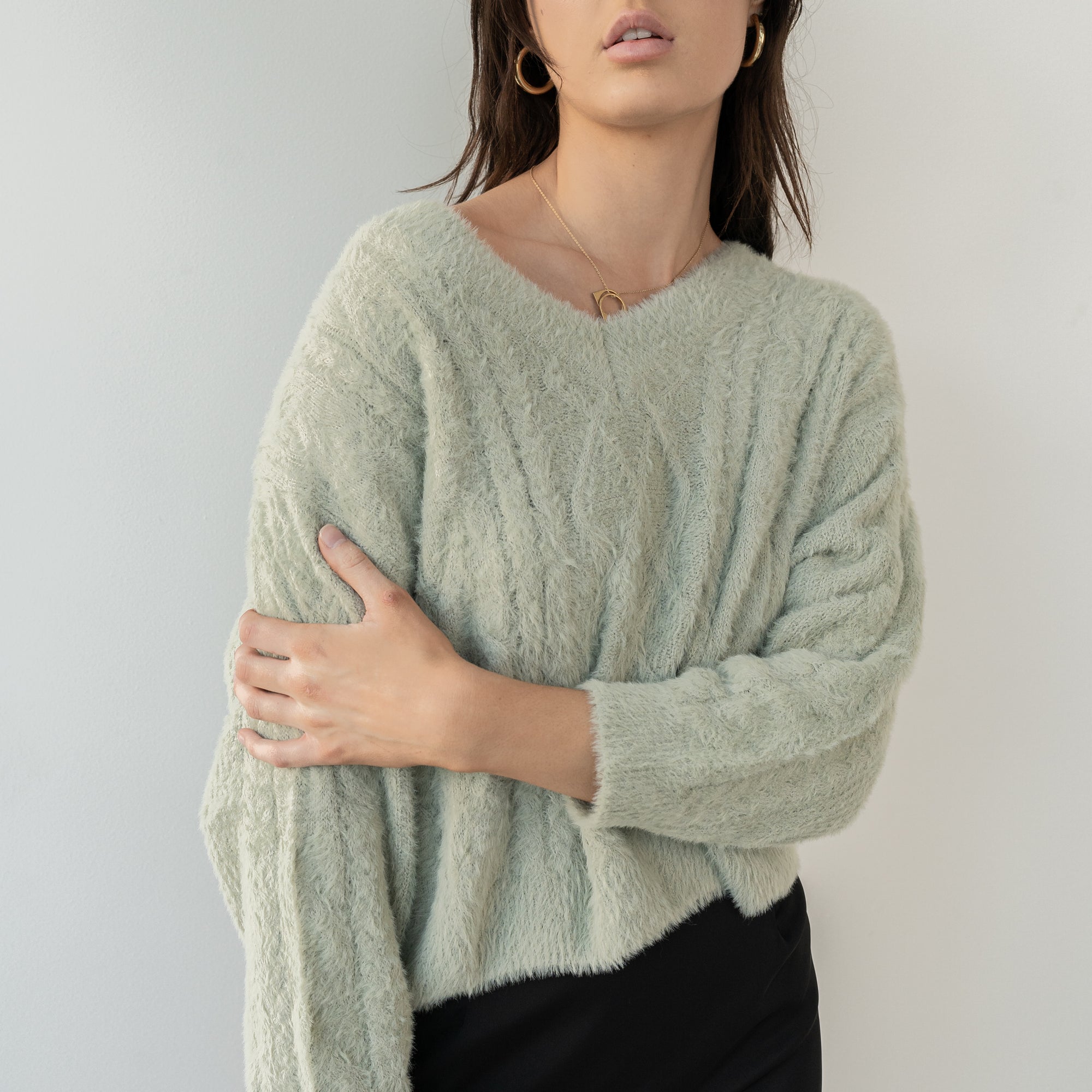 Plush V Neck Cable Sweater