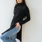 Heavy Ribbed Long Tunic With Slit in Black