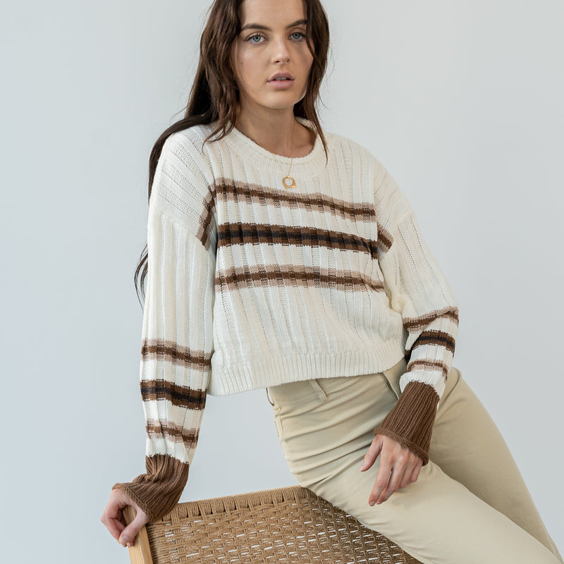 Last One - Cream Sweater With Brown And Blush Stripes