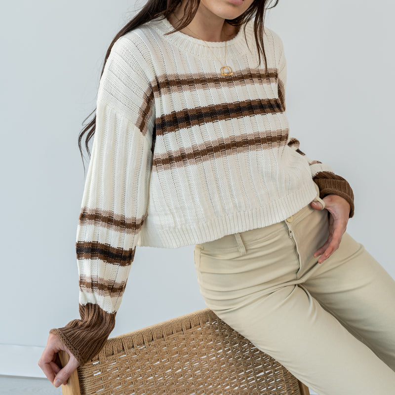 Last One - Cream Sweater With Brown And Blush Stripes