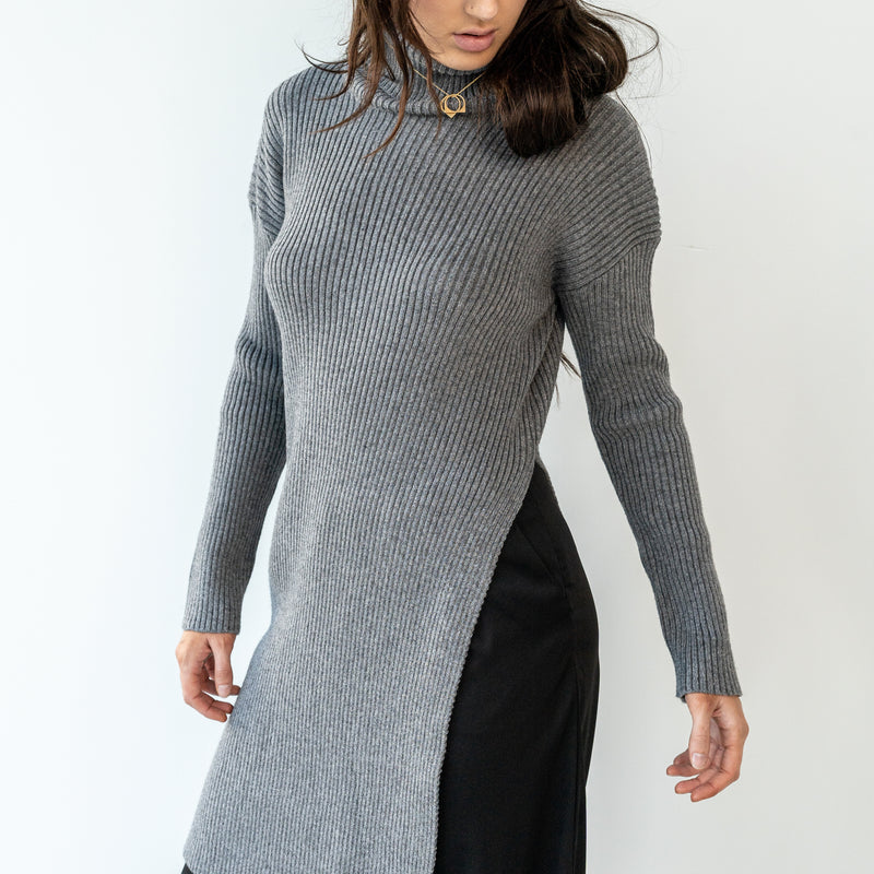 Last One - Heavy Ribbed Long Tunic With Slit in Charcoal