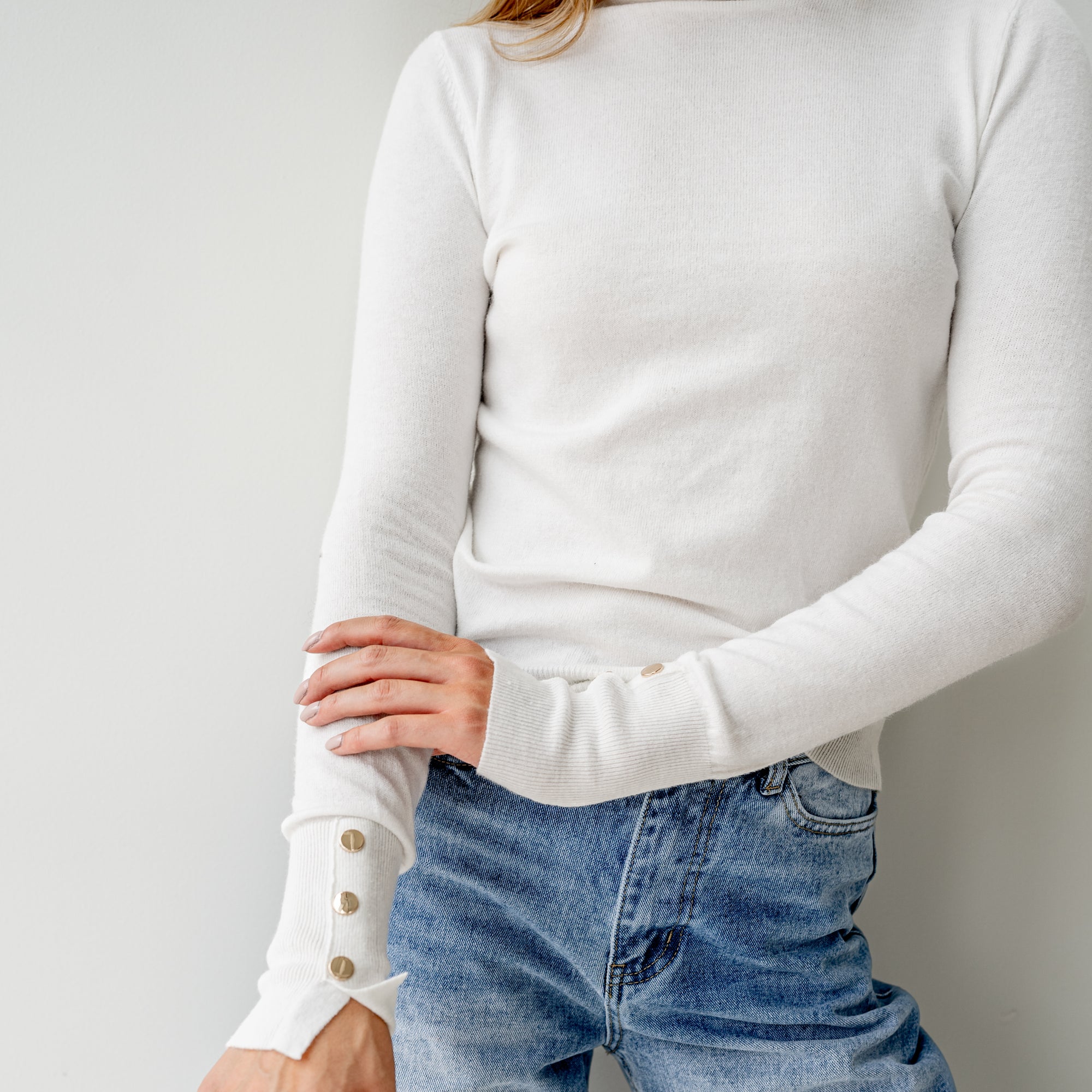 Last One - Turtle Neck Sweater Top with Gold Button sleeve detail in Cream