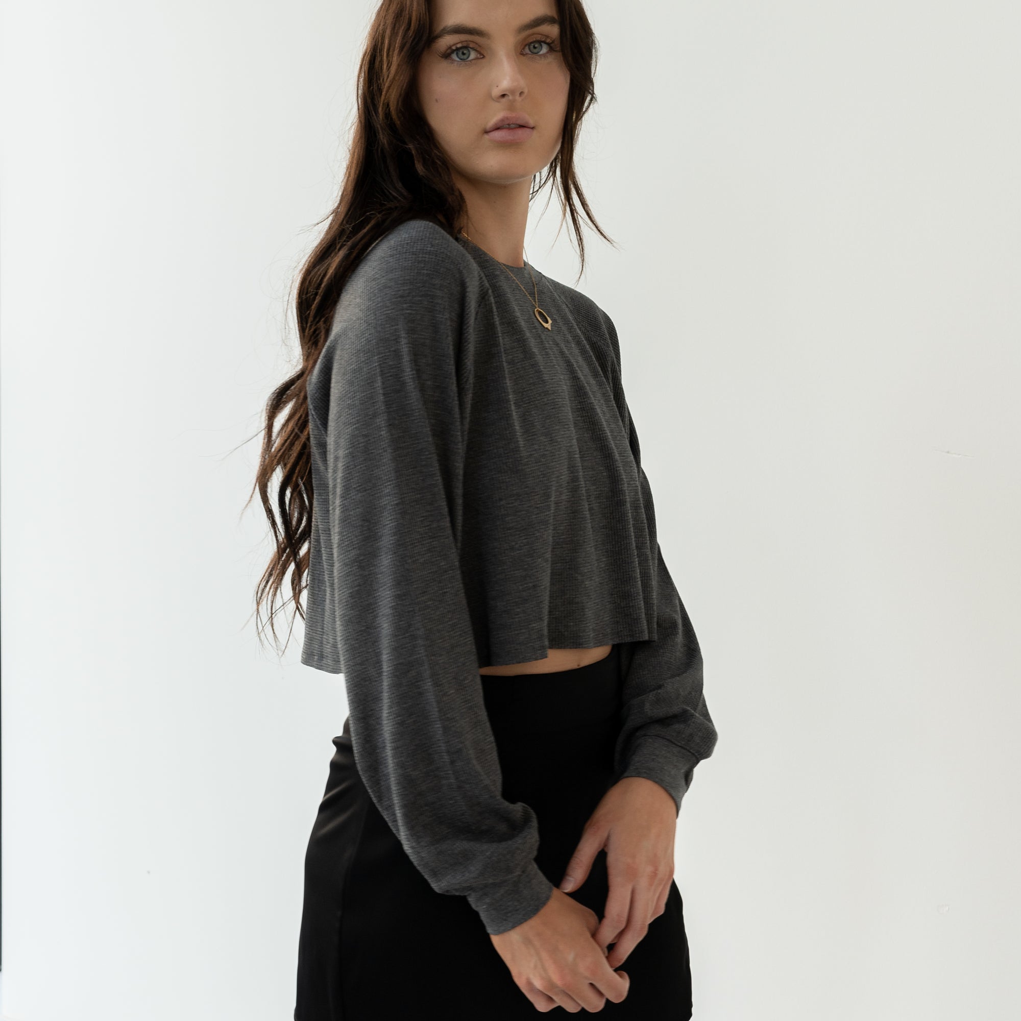 Waffle Crop Jersey Top in Charcoal