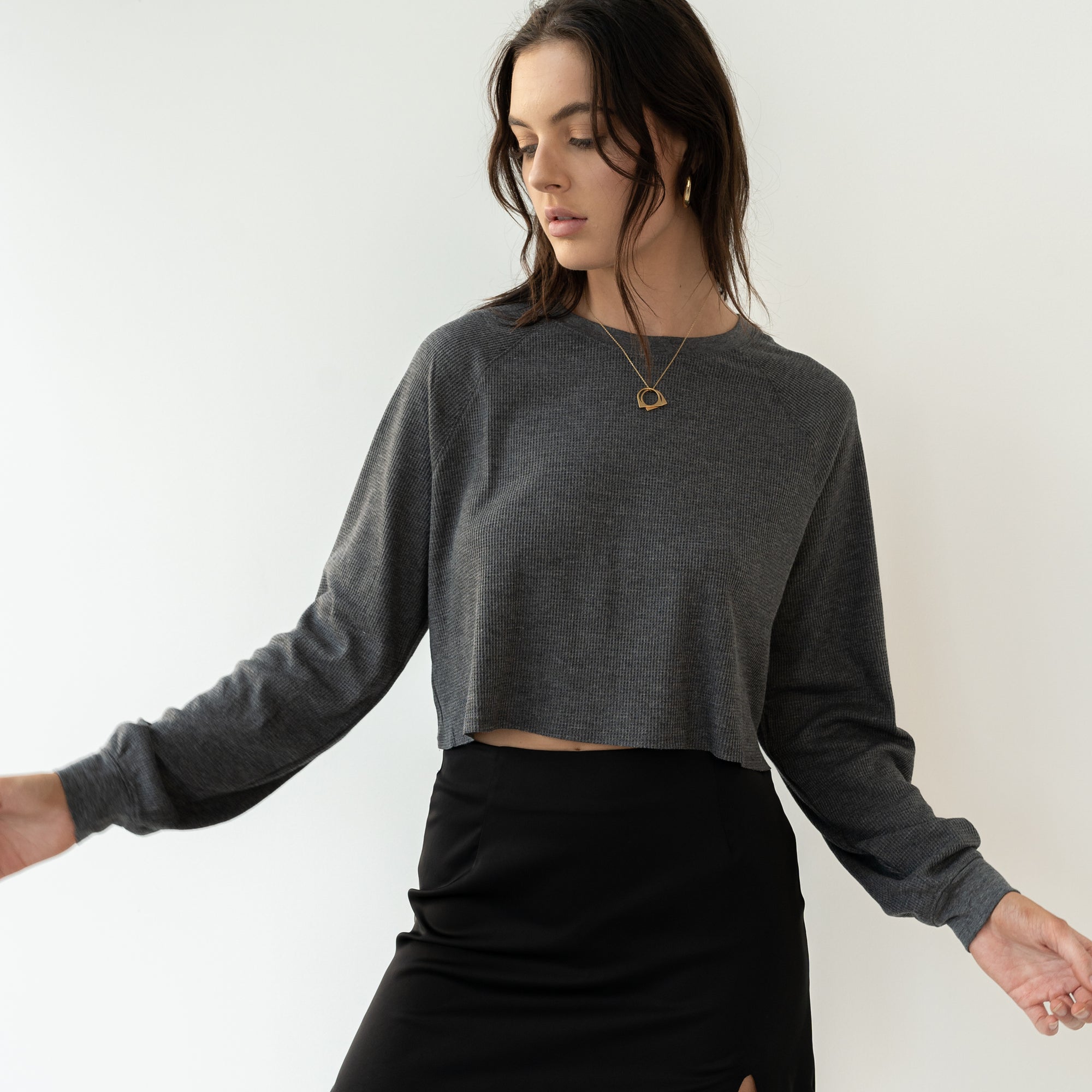 Waffle Crop Jersey Top in Charcoal