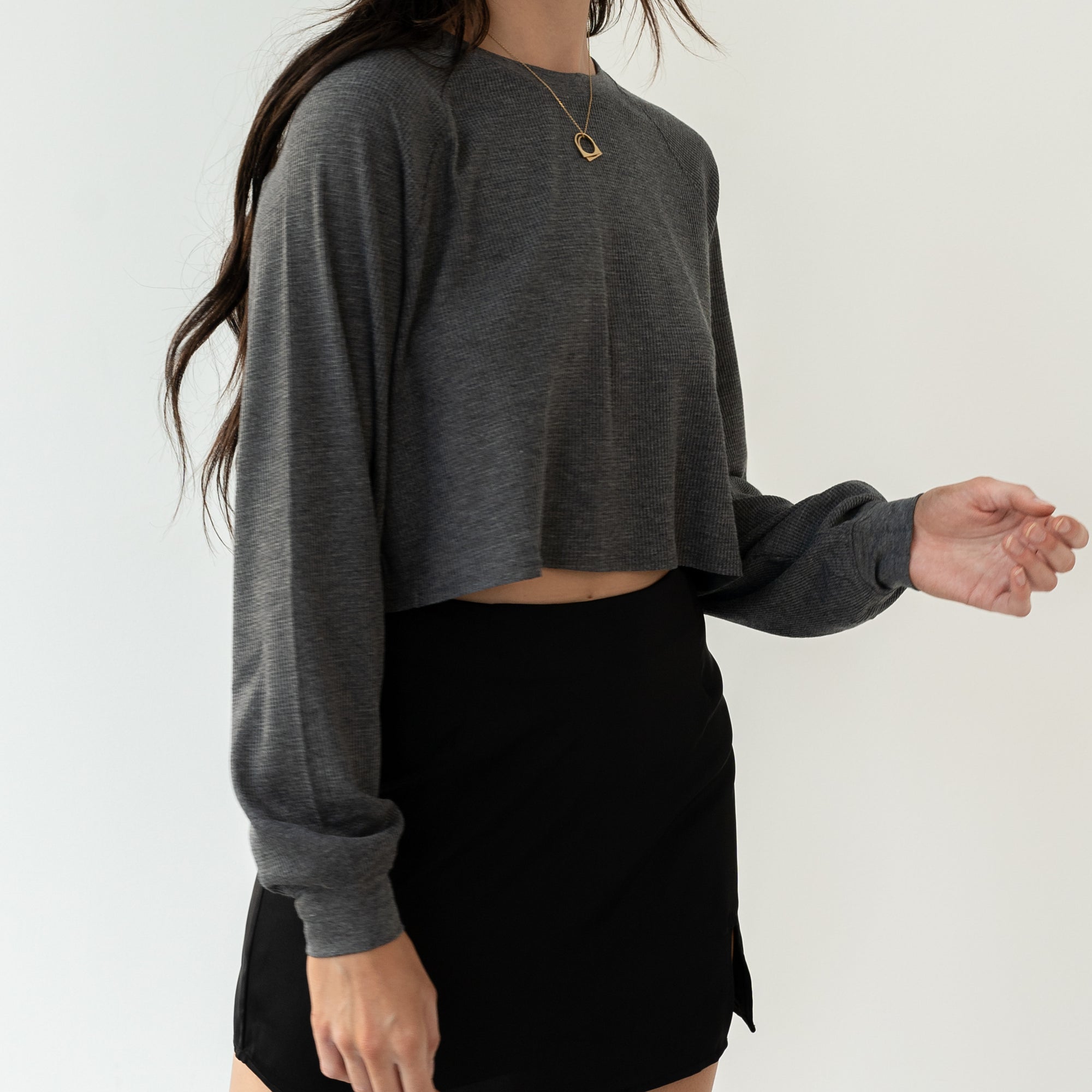 Waffle Crop Jersey Top in Charcoal