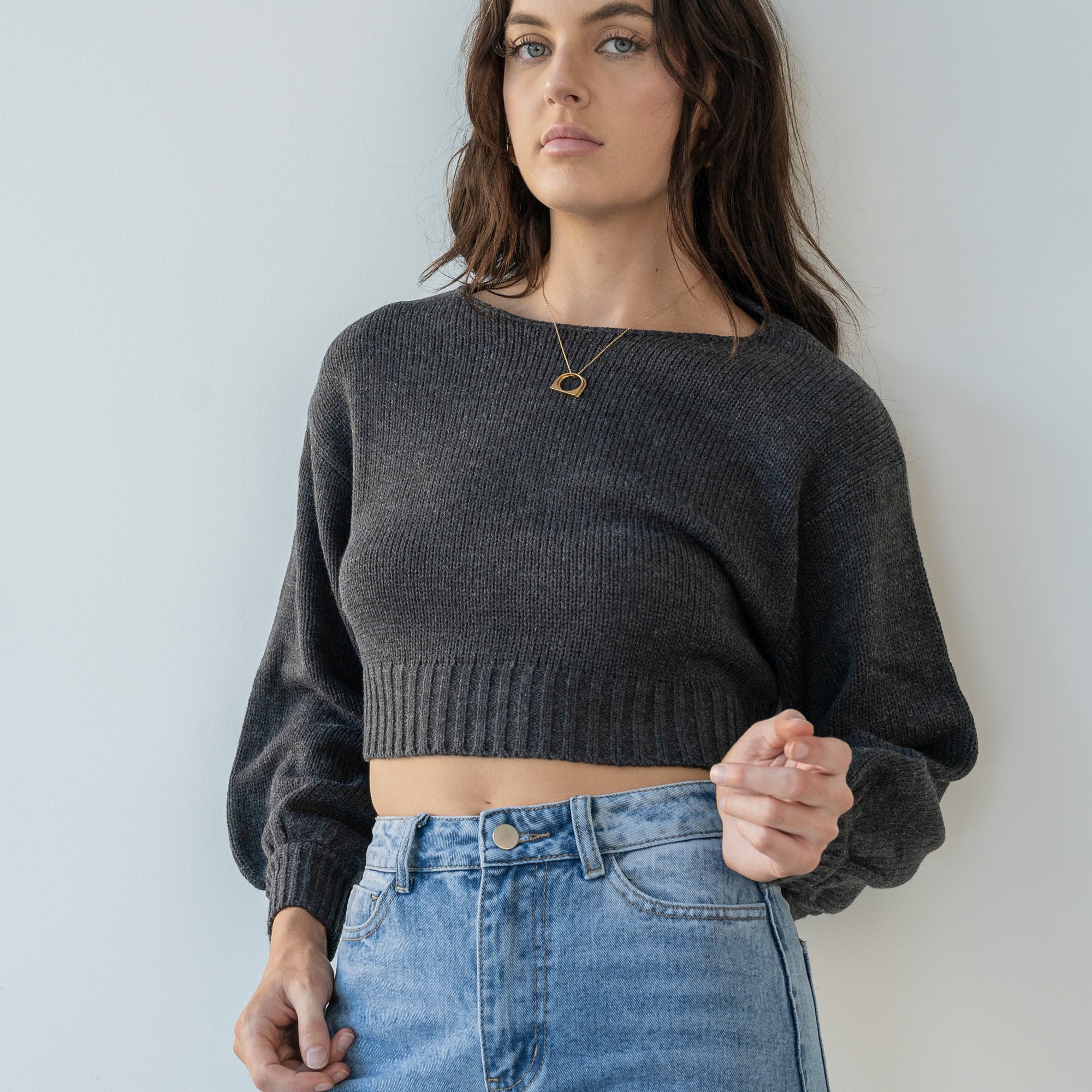 Solid Purl Knit Cropped Knit Sweater