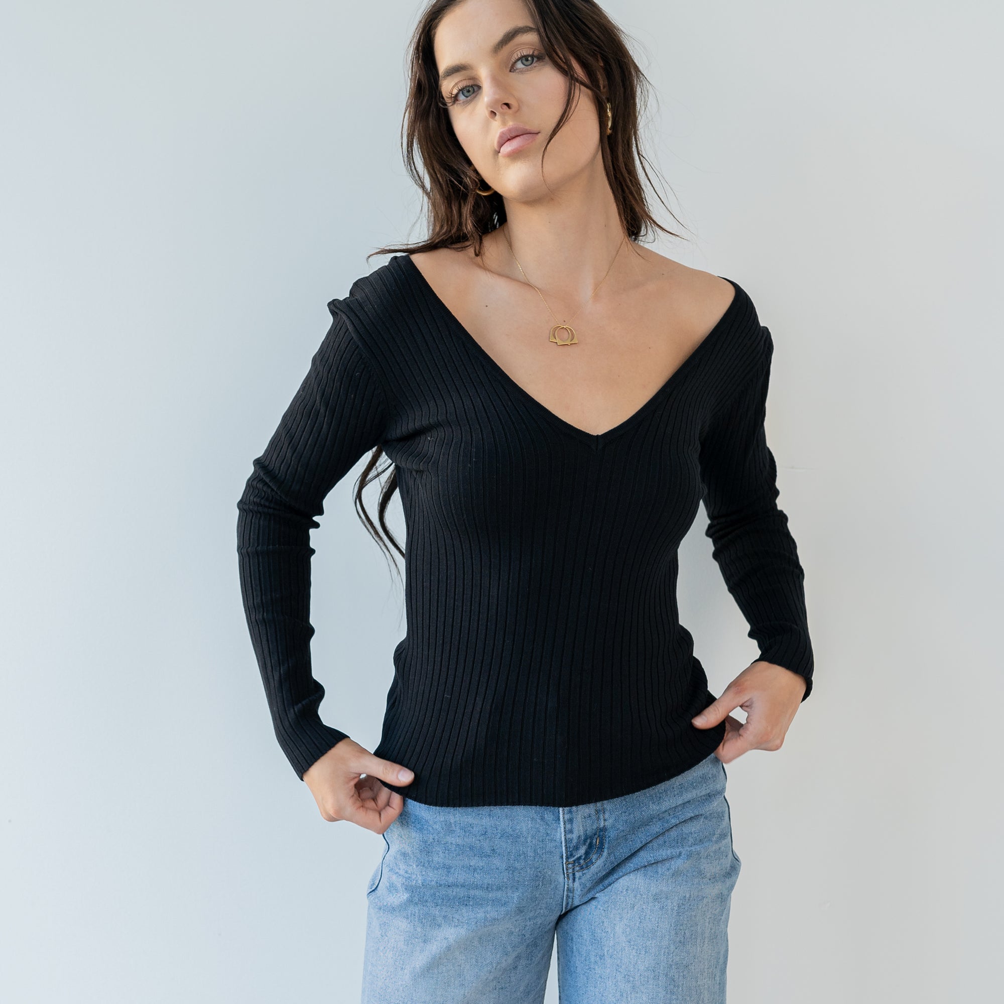 V Neck - Ribbed Basic Top in Black