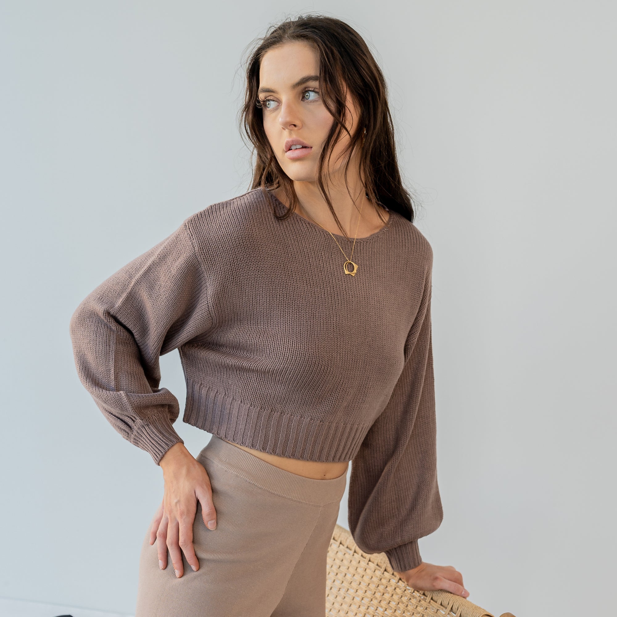 Solid Purl Knit Cropped Knit Sweater