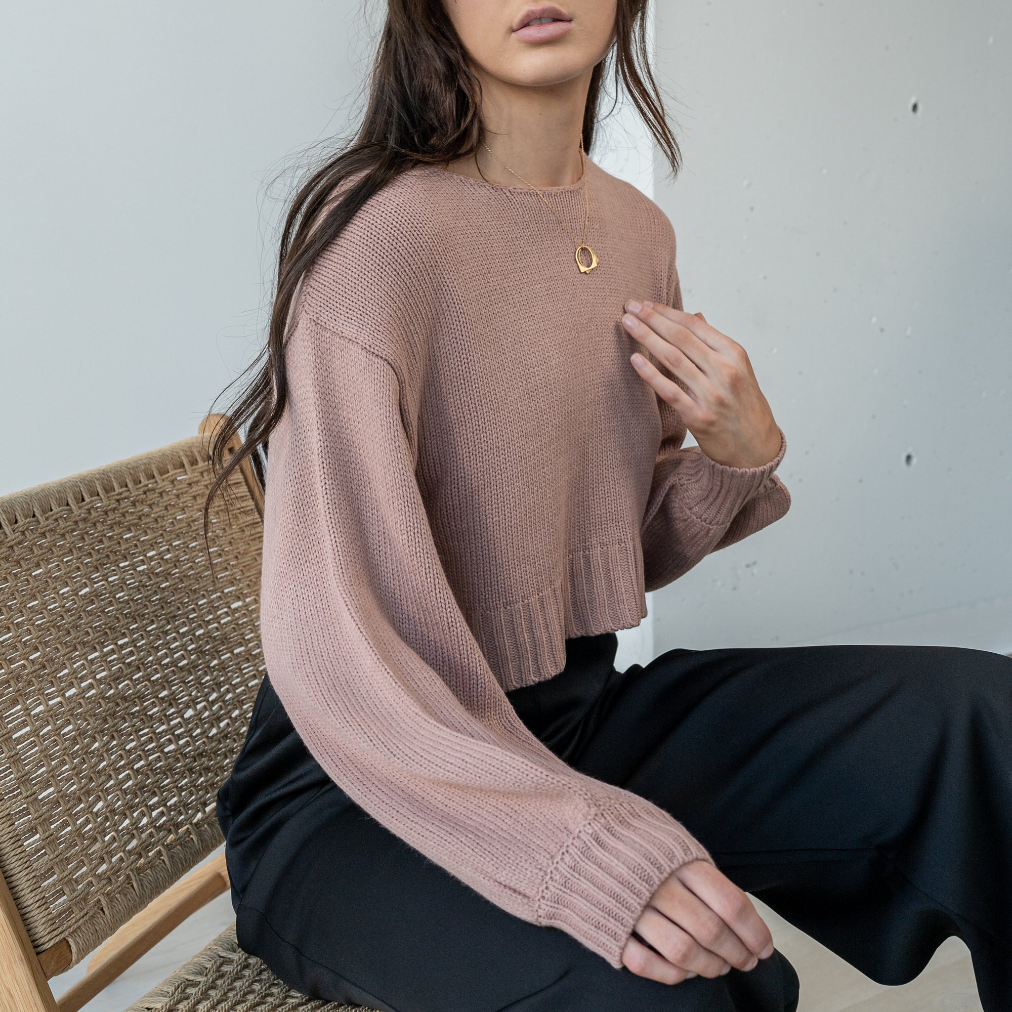 Solid Purl Knit Cropped Knit Sweater