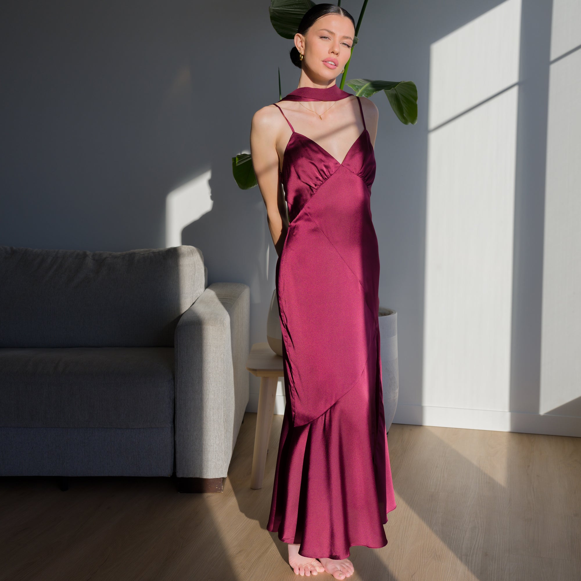 Romantic Satin Gown with Elongated Back Tie