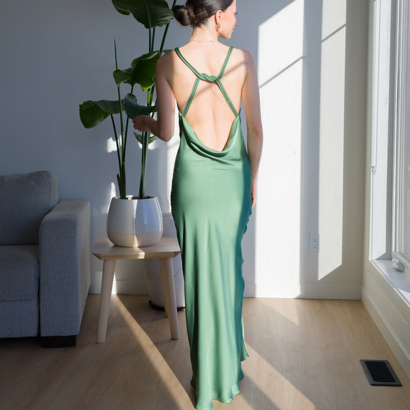 Sage Green Satin Dress With Back Knot Design