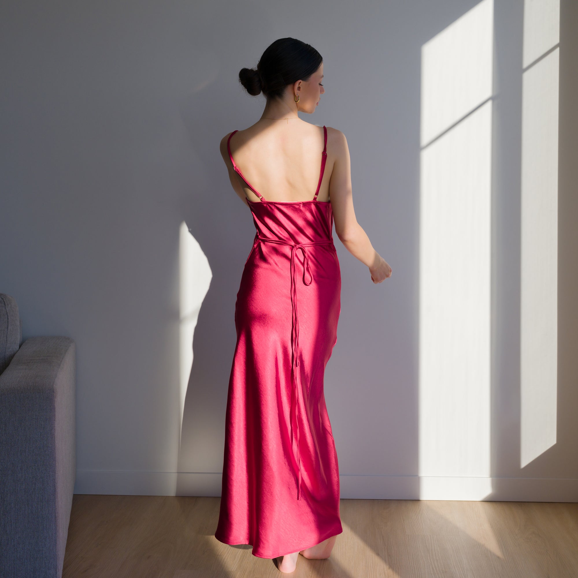 Heavy Satin Maxi Dress With Tie Waist