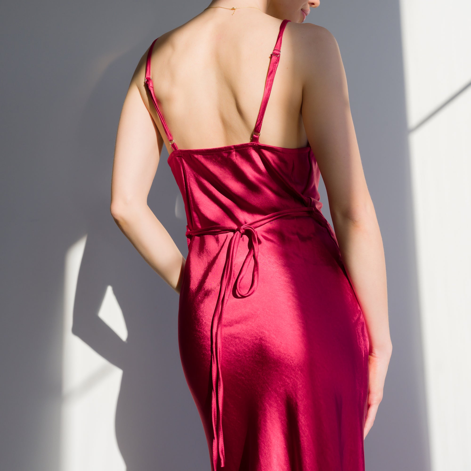 Heavy Satin Maxi Dress With Tie Waist