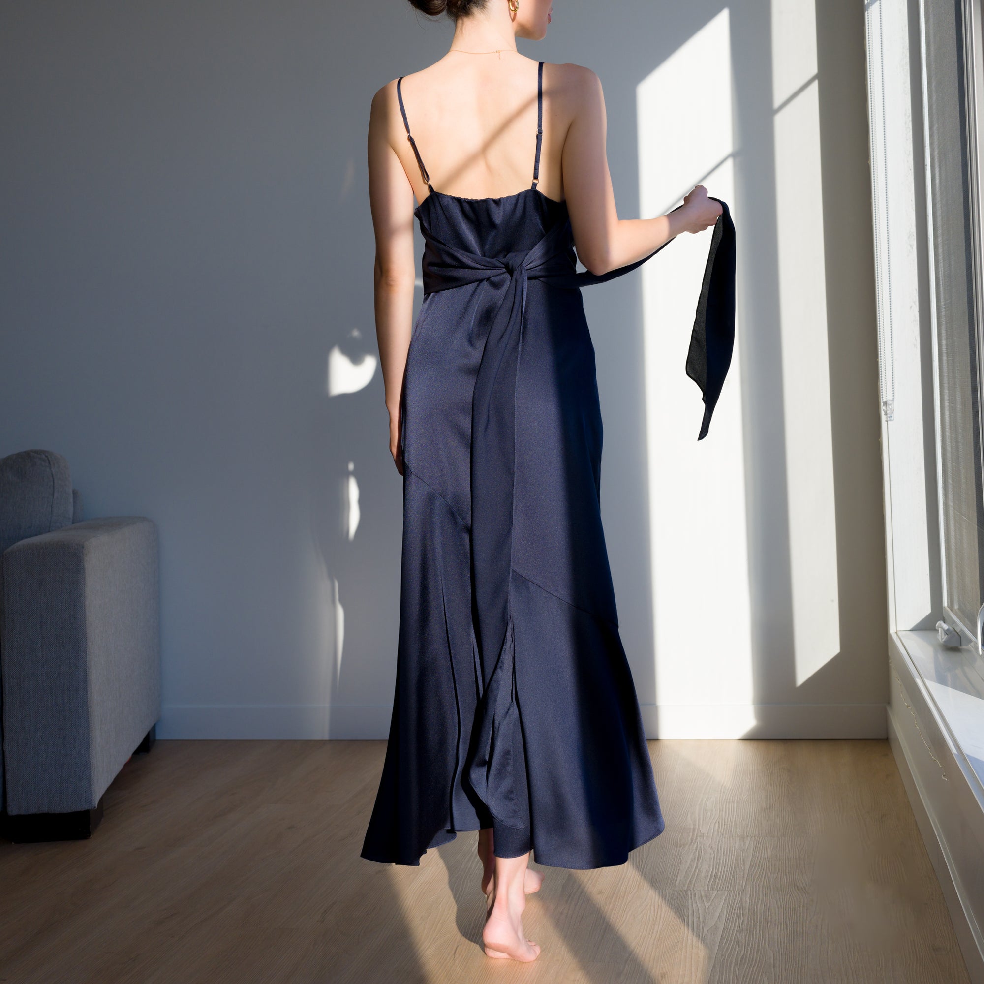 Romantic Satin Gown with Elongated Back Tie