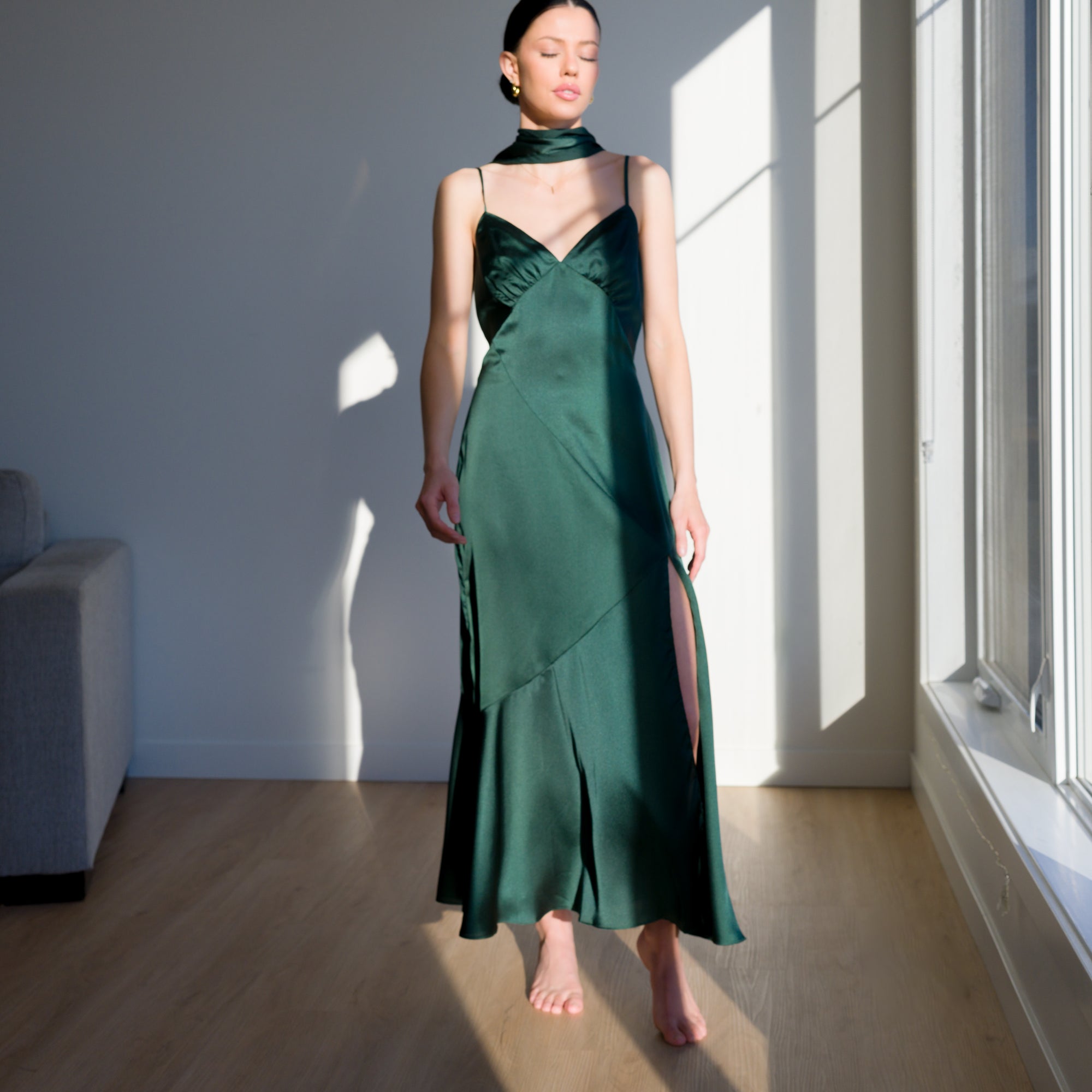 Romantic Satin Gown with Elongated Back Tie