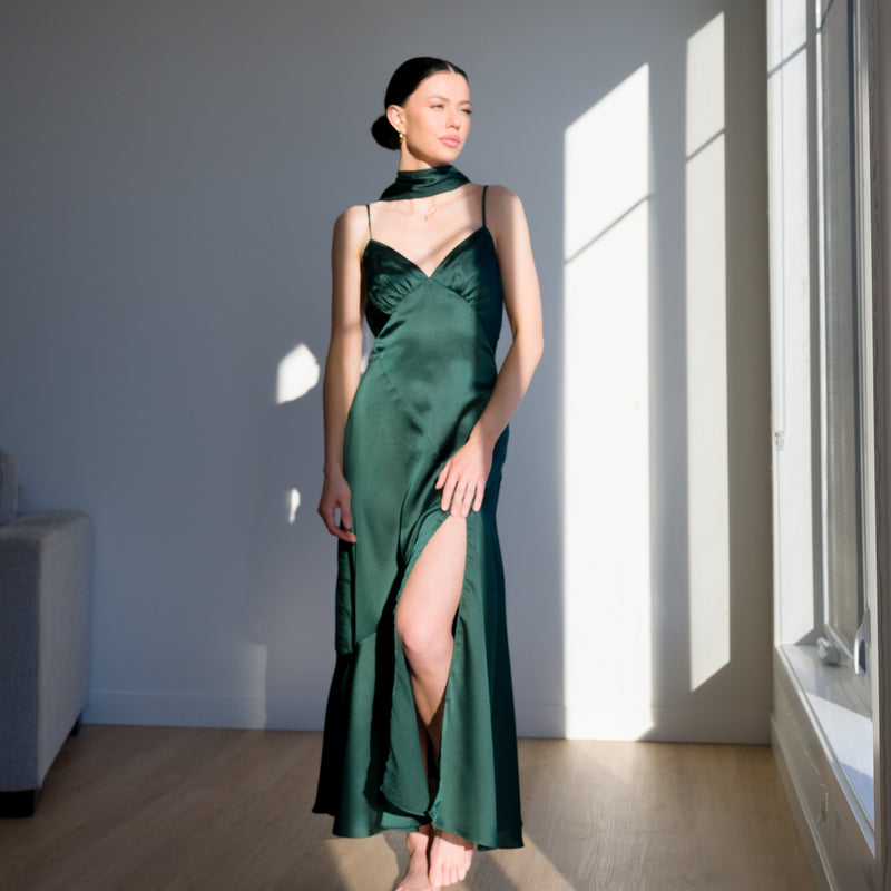 Romantic Satin Gown with Elongated Back Tie