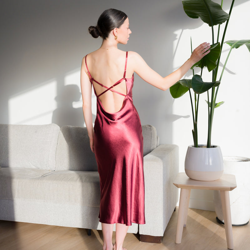 X Back Red-Brown Satin Dress