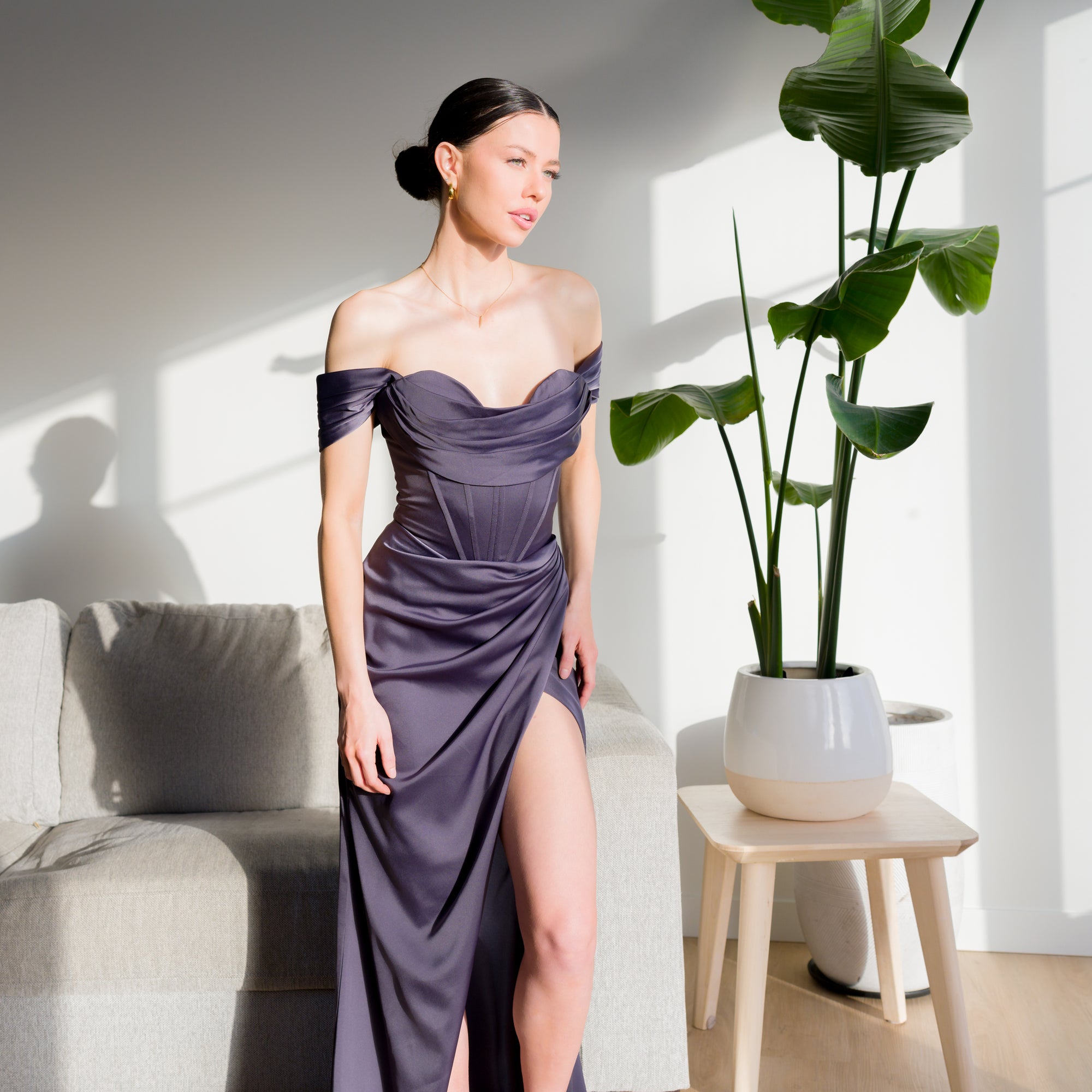 Satin Corset Gown With Off-Shoulder Design