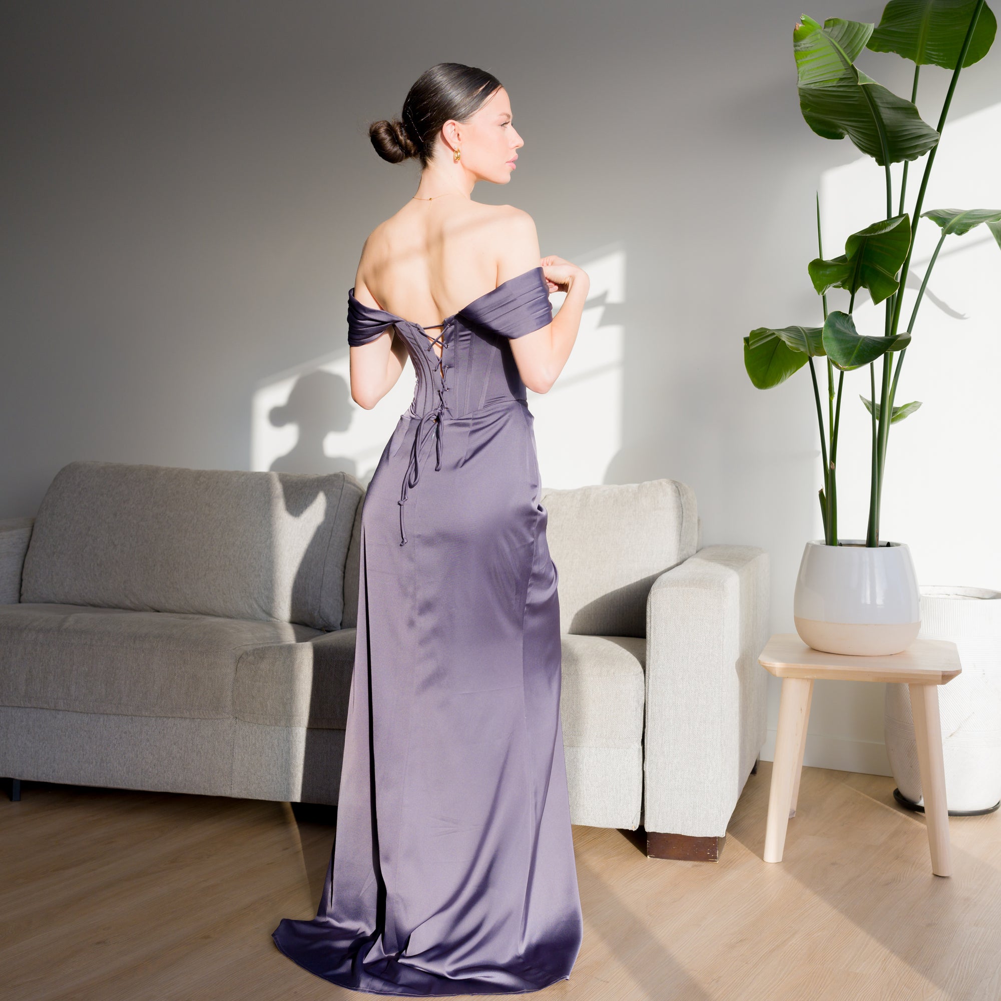 Satin Corset Gown With Off-Shoulder Design