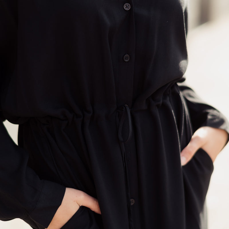 Last One - Black Rayon Button-Up Dress