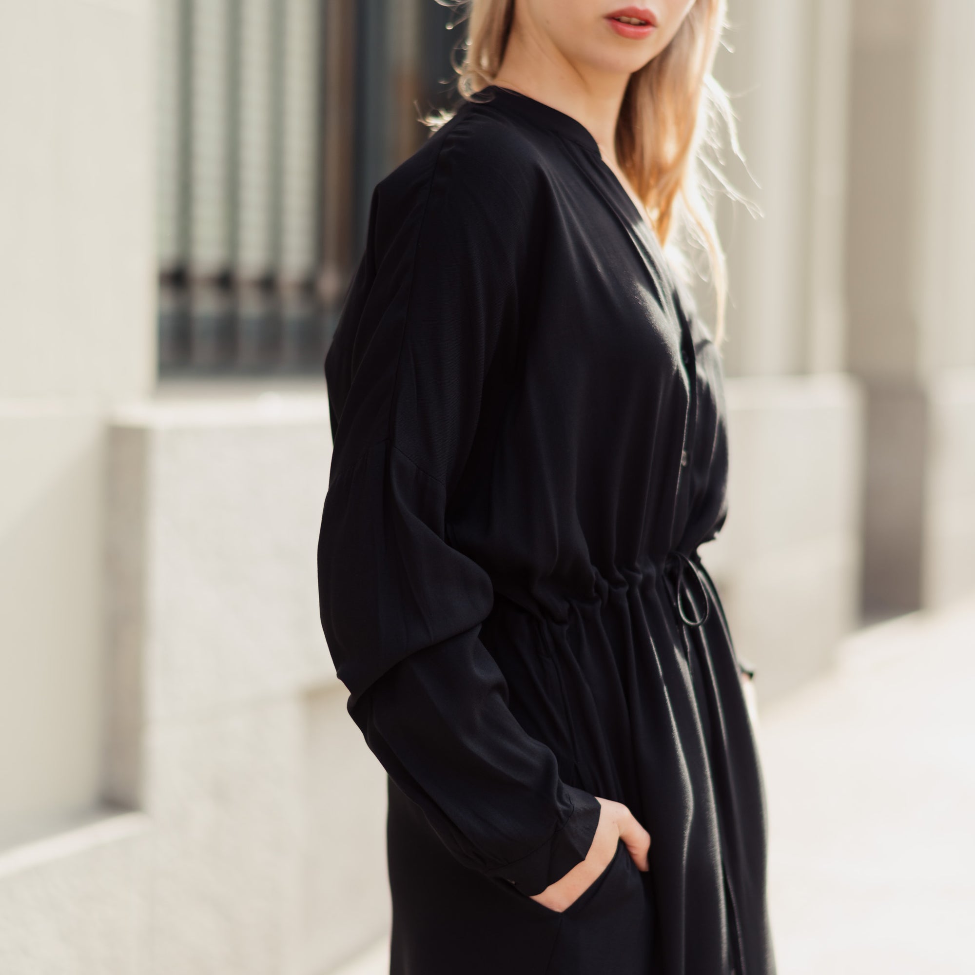 Last One - Black Rayon Button-Up Dress