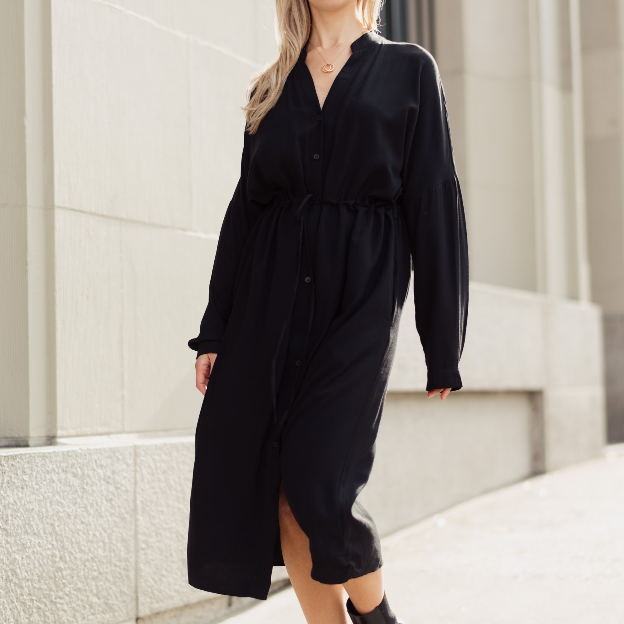 Last One - Black Rayon Button-Up Dress