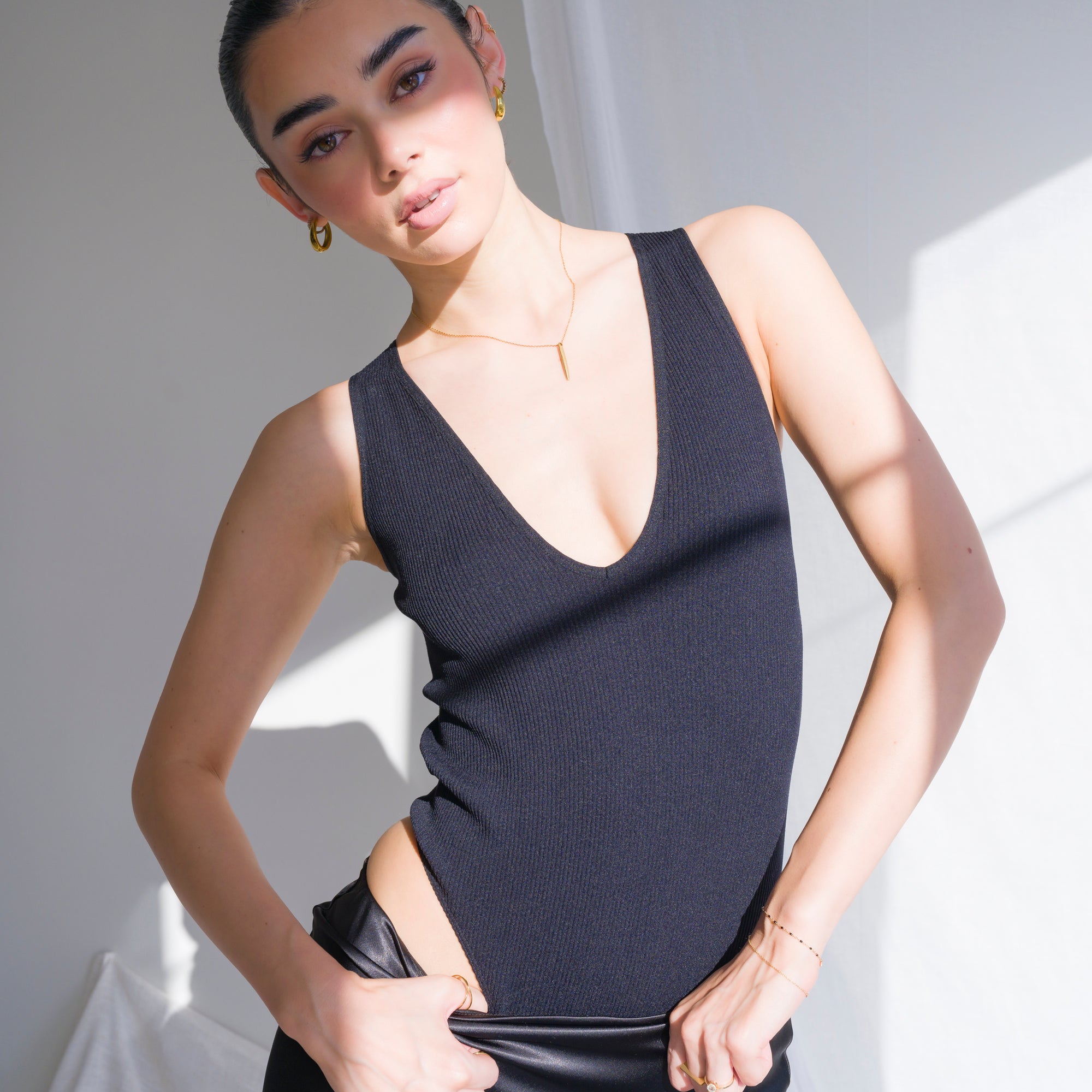 Bodysuit Ribbed Seamless Sleeveless V Neck