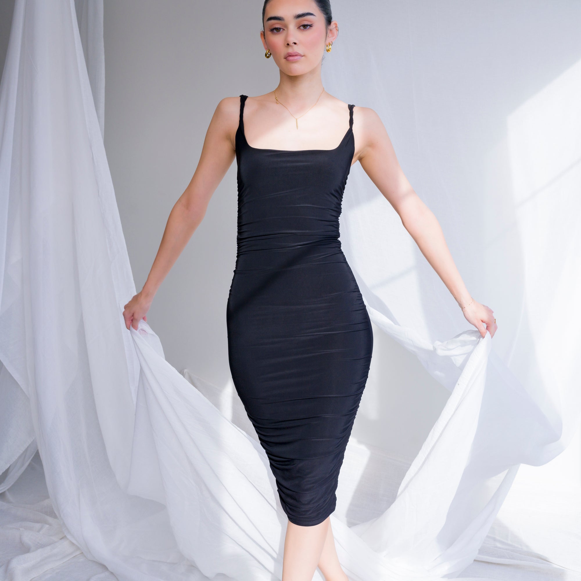 Silky-Lux Midi Dress in Comfortable Performance Fabric