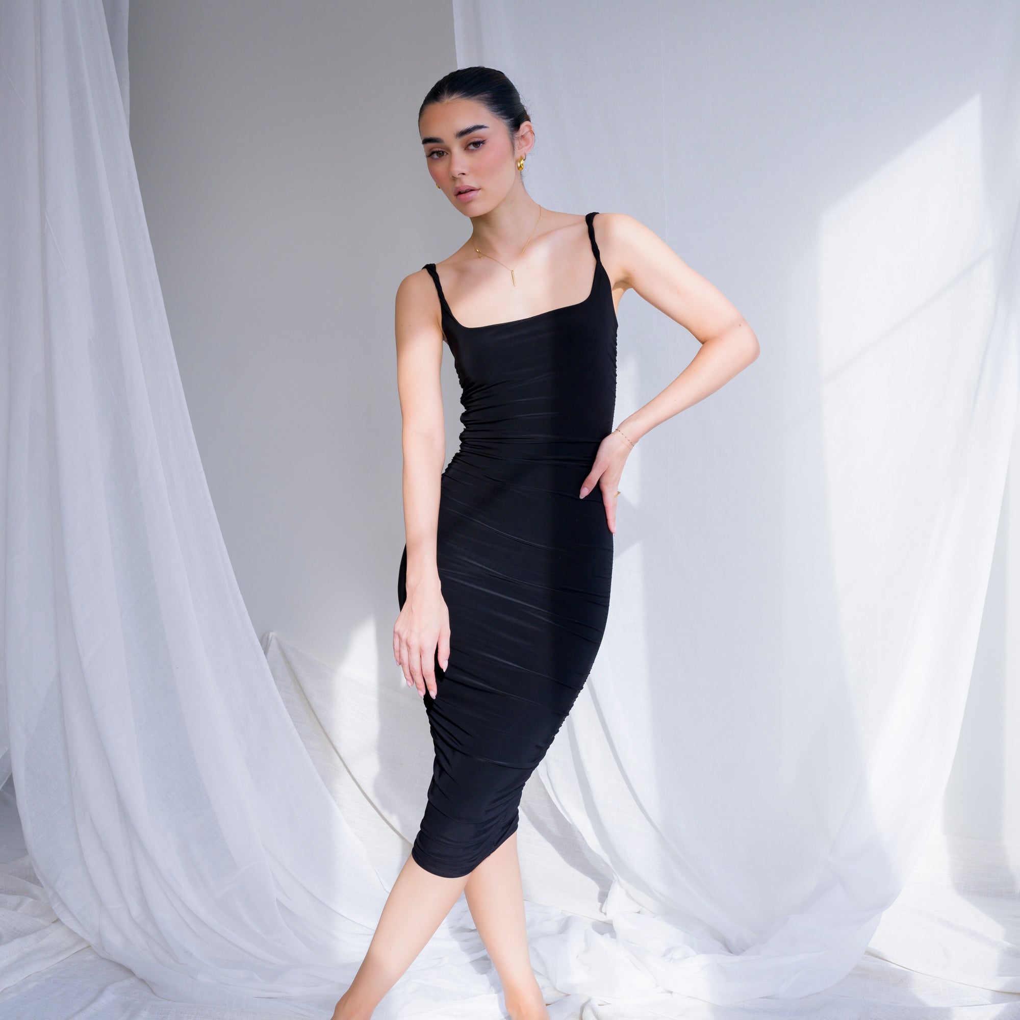 Silky-Lux Midi Dress in Comfortable Performance Fabric