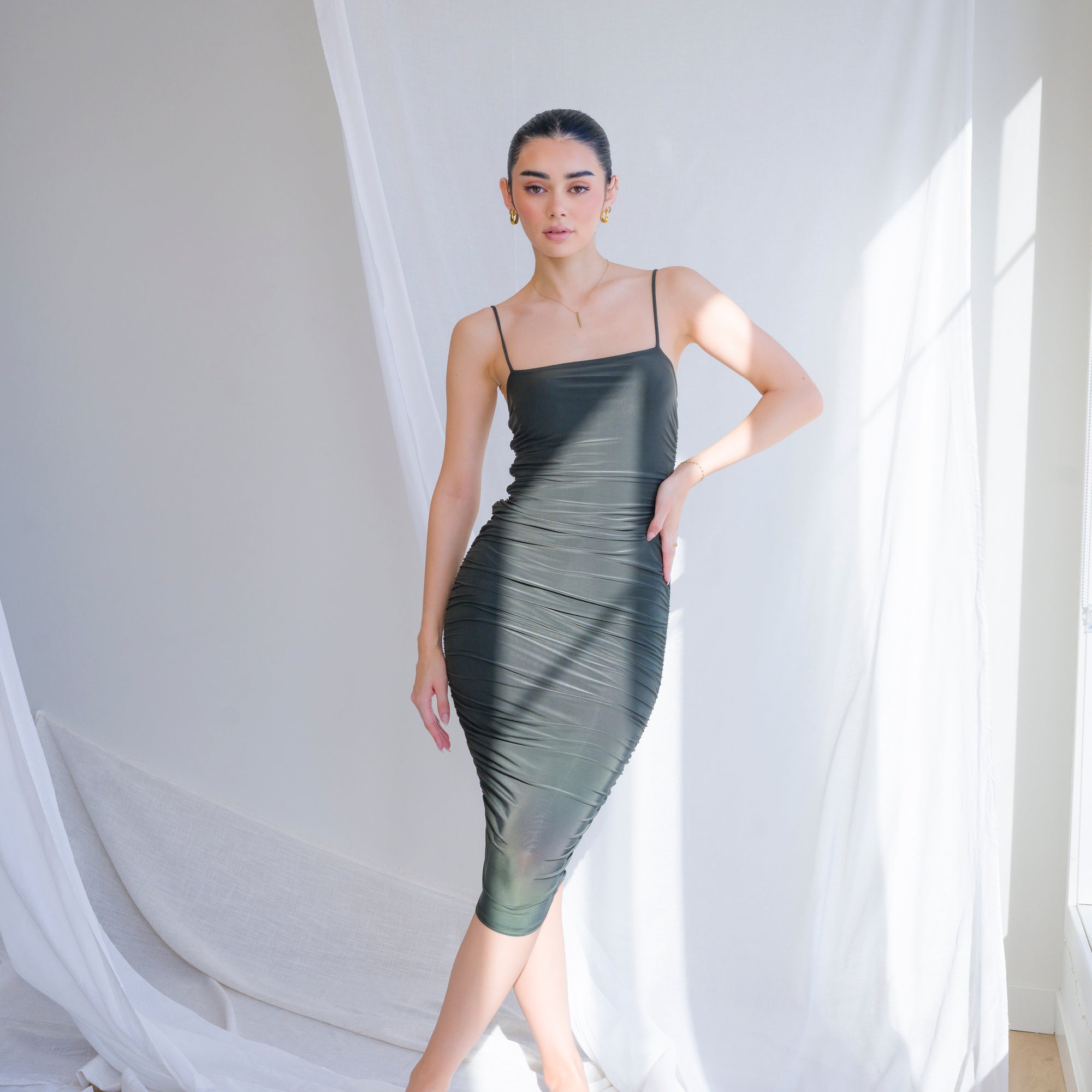 Silky-Luxe Ruched Midi Dress in Performance Fabric